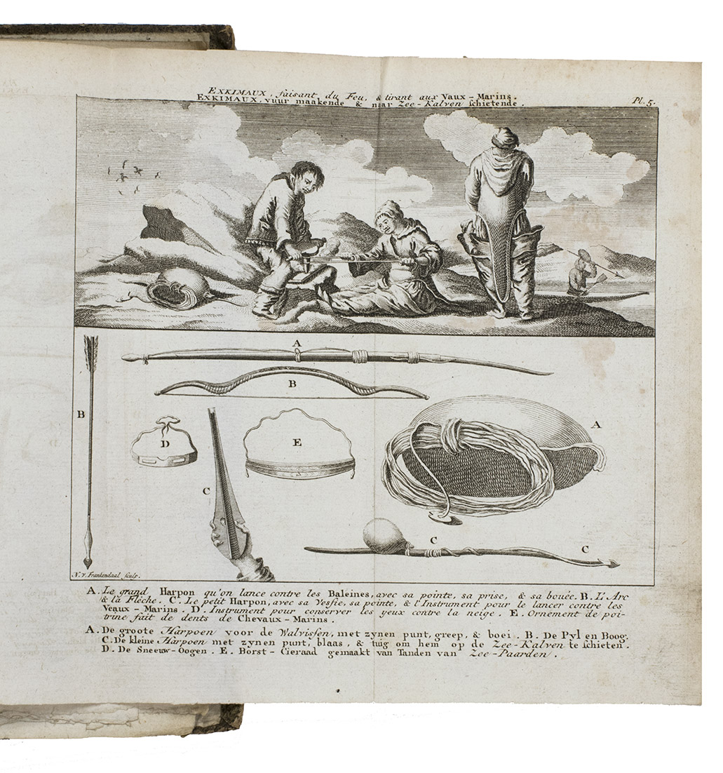 ELLIS, Henry. - Reize naar de baai van Hudson, ter ontdekkinge van eenen Noord-wester doortogt, gedaan in de jaaren 1746. en 1747.Leiden, Elie Luzac jun., 1750. 8vo. With large folding engraved map (18 x 44.5 cm), and 9 engraved plates, mostly folding by N. van Frankendaal, with captions in French and Dutch. Contemporary red half roan.