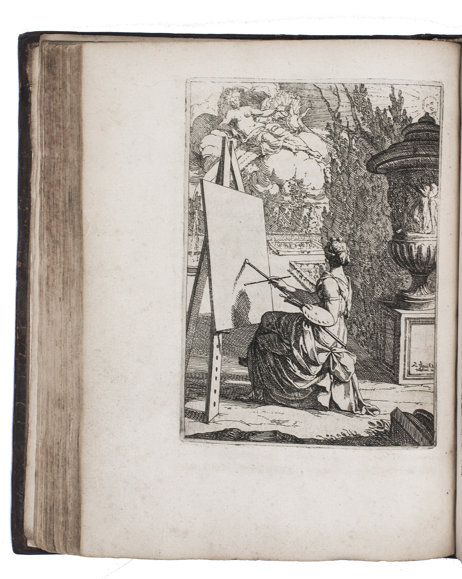 DUPUY DU GREZ, Bernard. - Trait sur la peinture pour en apprendre la teorie, & se perfectionner dans la pratique.Toulouse, Widow of  J. Pech, and A. Pech, 1699. 4to. With a woodcut vignette on the title-page, 4 full-page engraved allegorical plates after A. Rivatz, the first dated 1694, and 8 engravings showing perspecive, 2 of which are full-page. Further with large flowered and emblematic woodcut head- and tailpieces. Contemporary calf.
