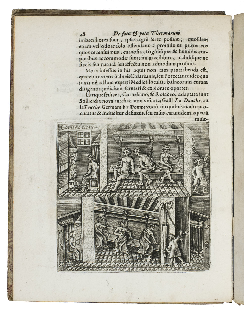 BLONDEL, François. - Thermarum Aquisgranensium, et Porcetanarum elucidatio, & thaumaturgia. Sive admirabilis earumdem natura, & admirabiliores sanationes; qua producunt in usibus balneationis, potationis.Aachen, Johann Heinrich Clemens, 1688. 4to. With an engraved frontispiece with letterpress imprint and built-up border, Aachen coat of arms pasted on back of frontispiece, engraved coats of arms of 4 dedicatees on back of title-page, full-page engraved portrait of the author, folding engraved plan of Aachen (22.5 x 27 cm), folding engraved view of Burtscheid (11.5 x 24 cm) and 16 smaller engravings in text, depicting scenes and buildings relating to the springs. Contemporary flower-decorated paper over boards, red sprinkled edges.