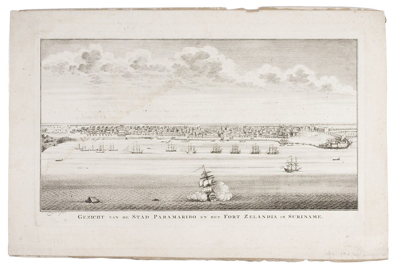 [VIEW - SURINAM]. SCHLEY, Jacob van der. - Gezicht van de stad Paramaribo en het Fort Zelandia in Suriname.[Amsterdam, 1770]. Engraved view (21.5 x 36 cm), with caption below the image.