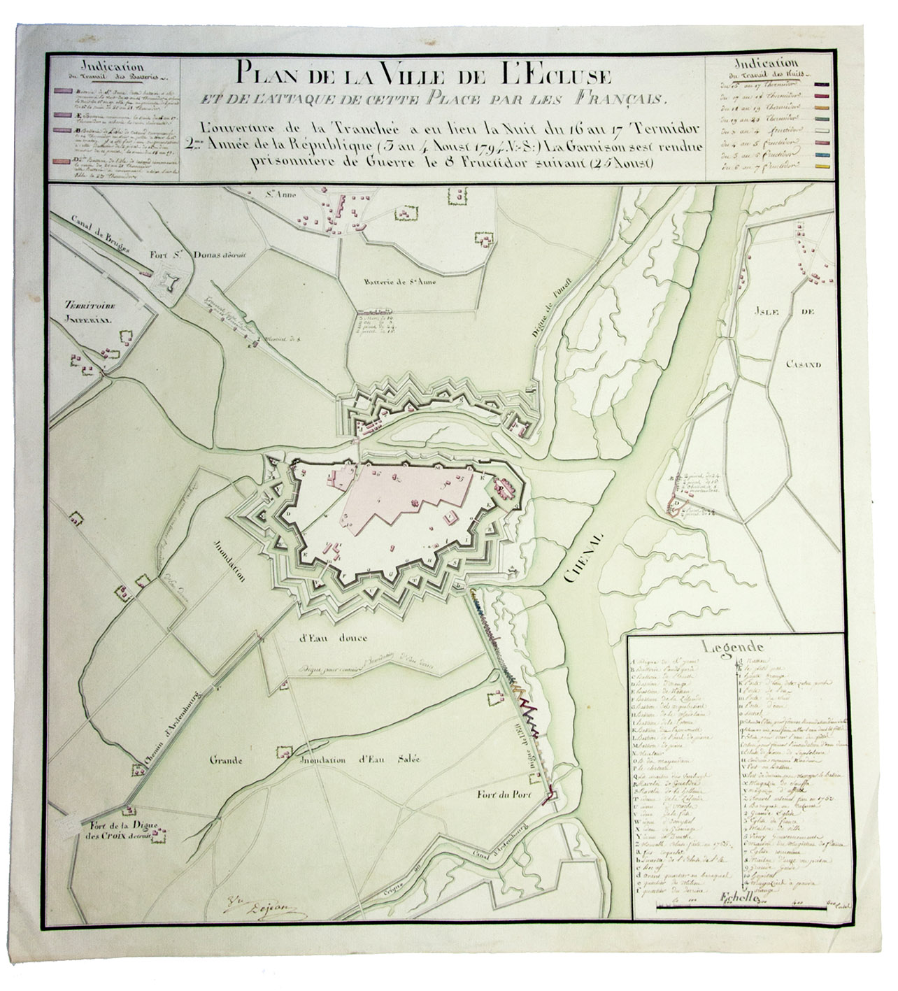 DEJEAN, Jean-Franois-Aim. - Plan de la ville de l'Ecluse et de l'attaque de cette place par les Franais. [Netherlands, ca. 1800]. Manuscript fortification plan (54 x 49.5 cm) in ink on paper, with watercolour in green and red. With large panel at lower right with keys to important locations and the locations of the troops during the attack and title in large panel at the head. Scale ca. 1:9500. Signed 