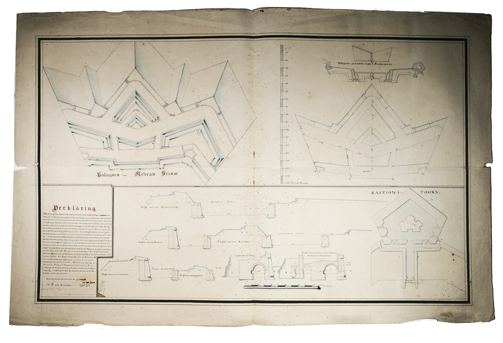 [DRAWING - FORTIFICATION]. GENNEP, T.P. van. - [Three fortification plans]. [Raamsdonk], 1798. 3 manuscript fortification plans (measuring (ad 1) 58 x 93 cm, (ad 2) 24.5 x 24.5 cm (ad 3) 29.5 x 37 cm) on paper. All signed: T.P. van Gennep, 1798; and one: Raamsdonk, 29 January 1798.