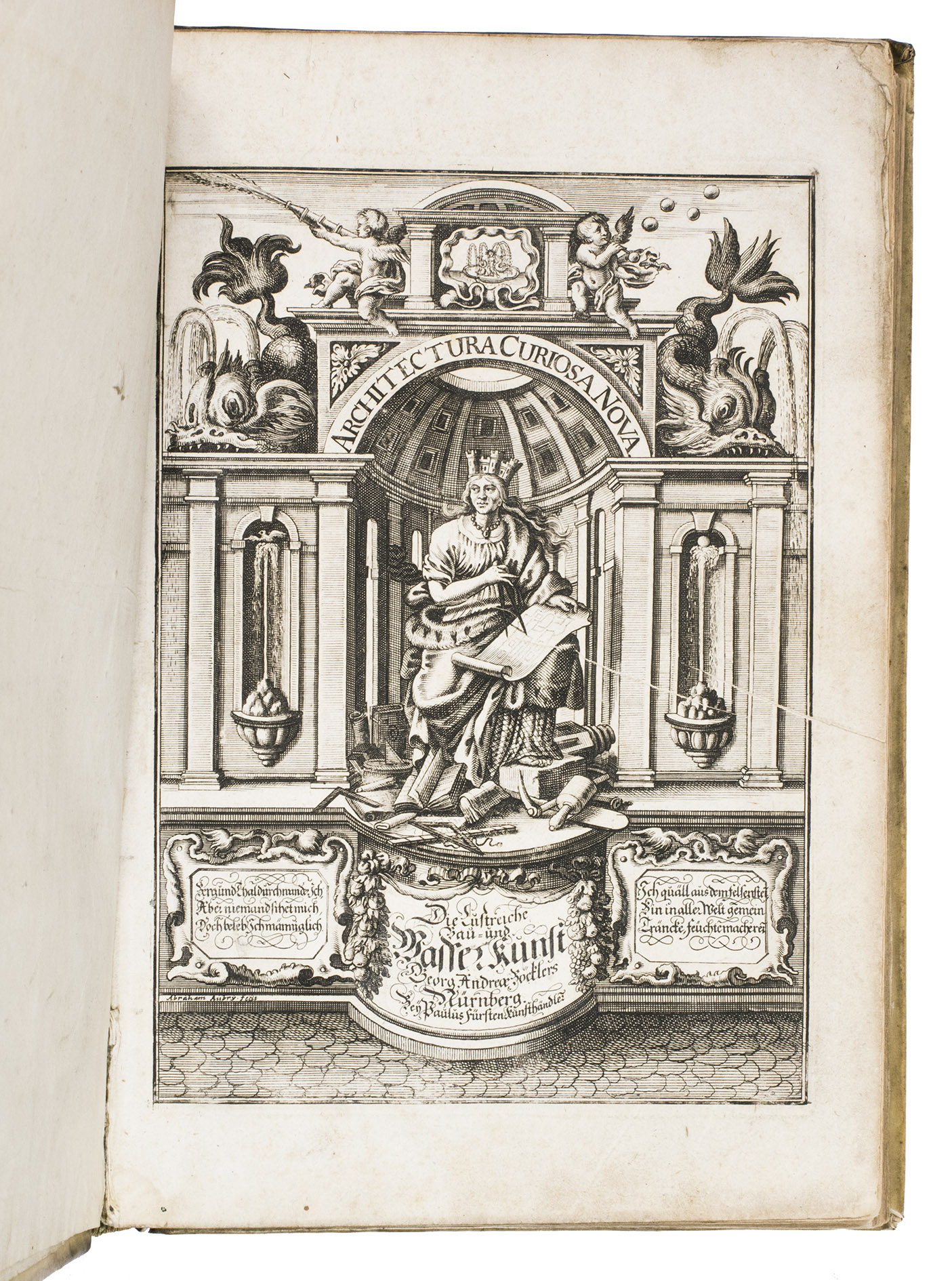 BOECKLER, George Andreas. - Architectura Curiosa Nova, Exponens 1. Fundamenta hydragogica. 2. Varios aquarum ac salientium fontium. 3. Magnum  amoenissimorum fontium. 4. Specus artificiales sumtuosissimas. 5. Cum auctario figuram elegantissimarum. In Latinam linguam translata per J.Chr. Sturm.Nuremberg, Paulus Frst, [1664]. 4 parts in 1 volume. Folio. With richly engraved frontispiece, 4 titles within typographical woodcut borders, the first printed in red and black, and 200 full-page engraved plates of fountain architecture and hydraulic engineering in fountains. Contemporary vellum with the manuscript title on the spine.