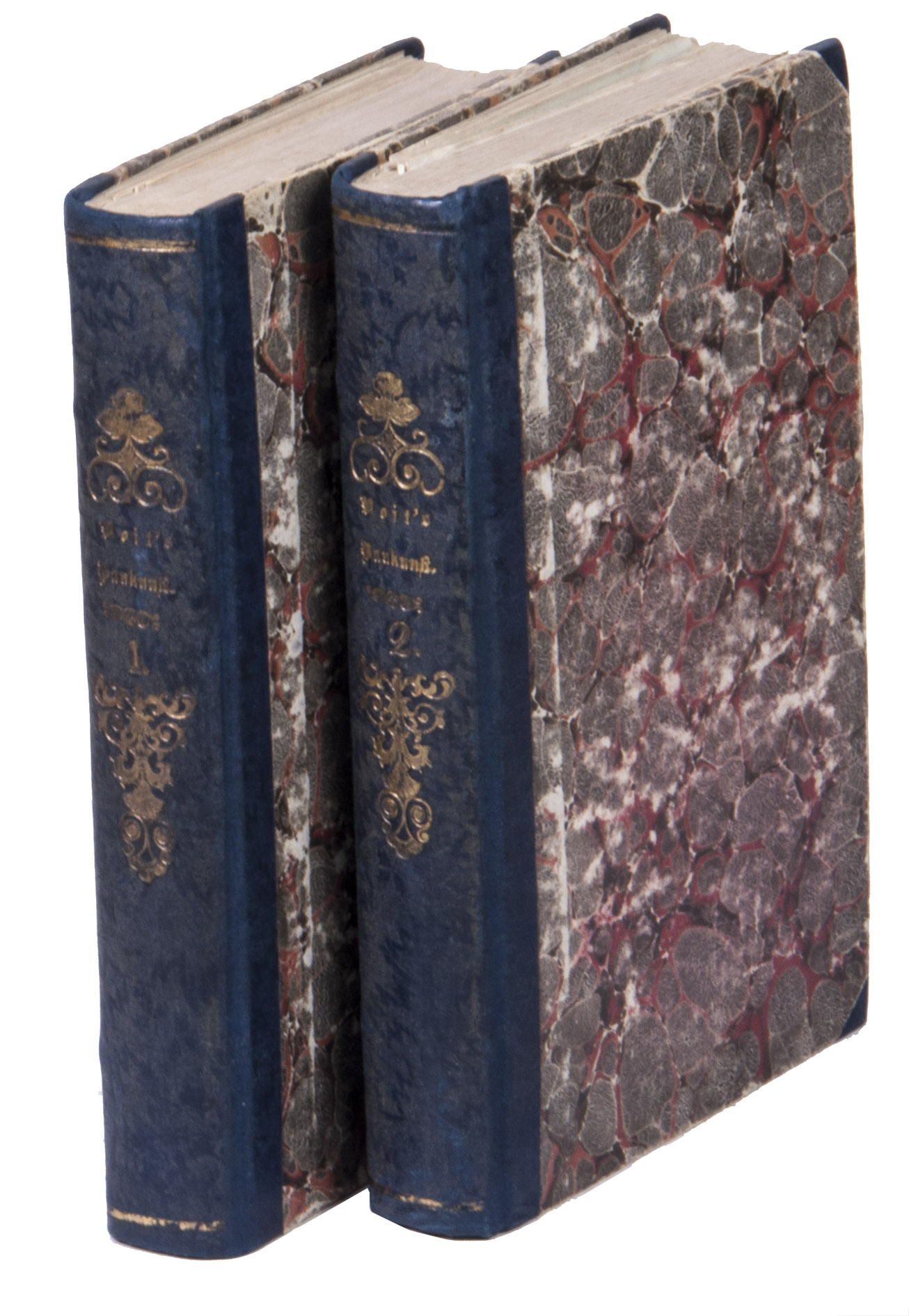 VOIT, Johann Michael. - Handbuch der landwirtschaftlichen Baukunst.Augsburg, Von Jenisch und Stagesche Verlagshandlung, 1840. 2 volumes. With numerous illustrations and figures of detailed construction-plans of all sorts of farm buildings on 20 large folding engraved plates. Contemporary half blue decorative cloth, marbled paper sides, gold-stamped spines.