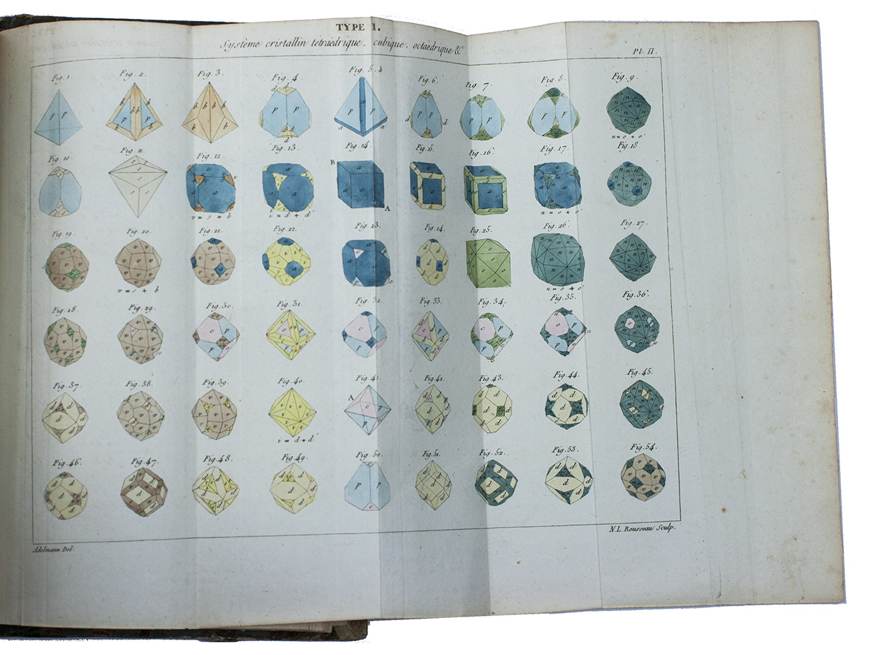 BEUDANT, Franois Sulpice. - Trait lmentaire de minralogie. ... Deuxime edition.Paris, Verdire (back of half-title: Hippolyte Tilliard; volume 2: Paul Renouard), 1830-1832. 2 volumes. 8vo. With 24 folding engraved plates, some coloured by hand, and several letterpress folding tables. Contemporary half sheepskin.