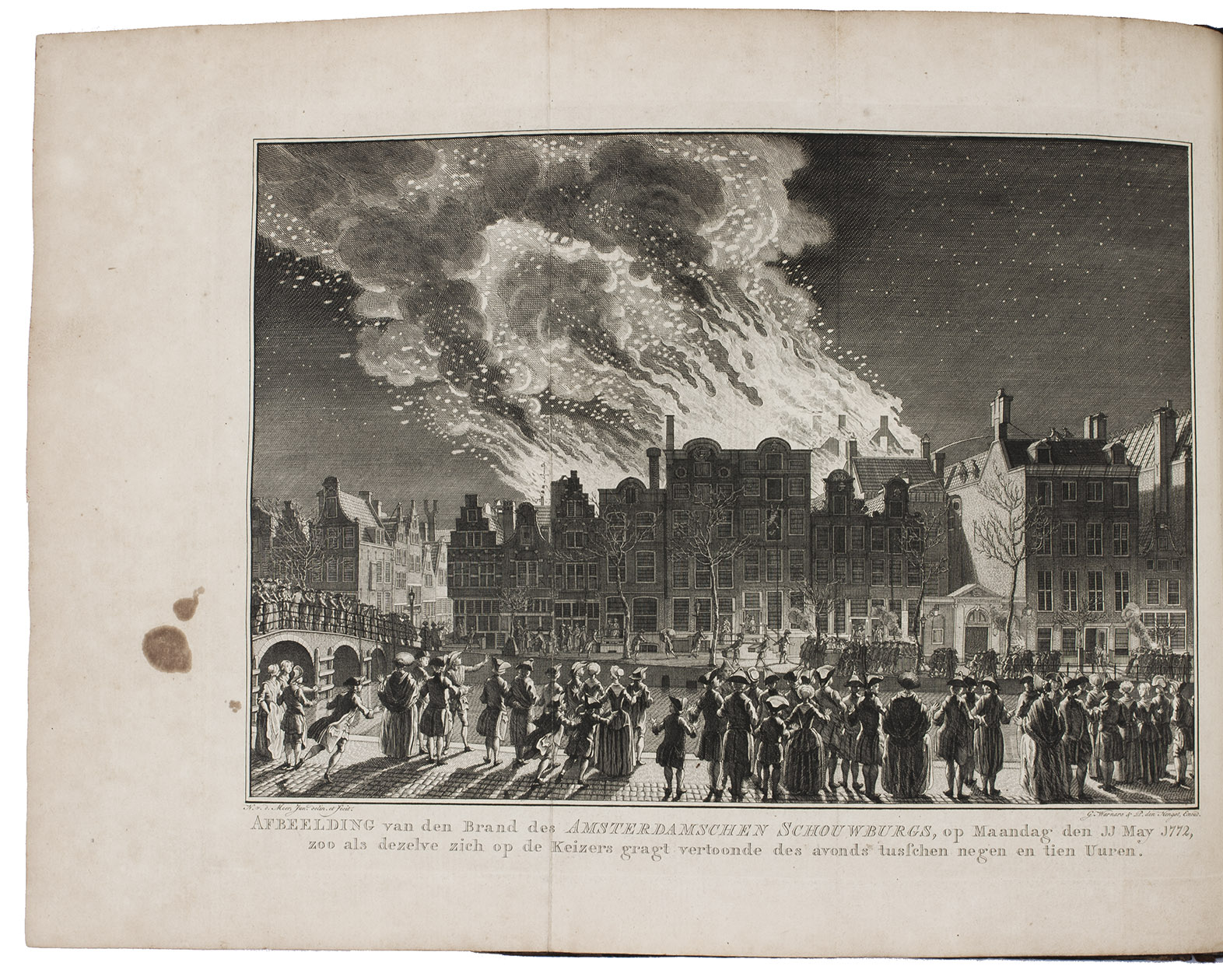 [FOKKE, Jan or Myndert DE BOER (attributed to)]. - Historie van den Amsterdamschen schouwburg.With: (2) Historie van den nieuwen Amsterdamschen schouwburg.Amsterdam, Gerrit Warnars and Petrus den Hengst, 1772-1775. 2 works in 1 volume. 4to. With an engraved frontispiece, a small engraved illustration by Noach van der Meer II on both title-pages, 4 folding engraved plates of the old theatre; 5 folding engraved plates of the new theatre, all engraved by the publishers after designs by Van der Meer and 1 by Simon Fokke. Contemporary marbled calf, gold-tooled spine.