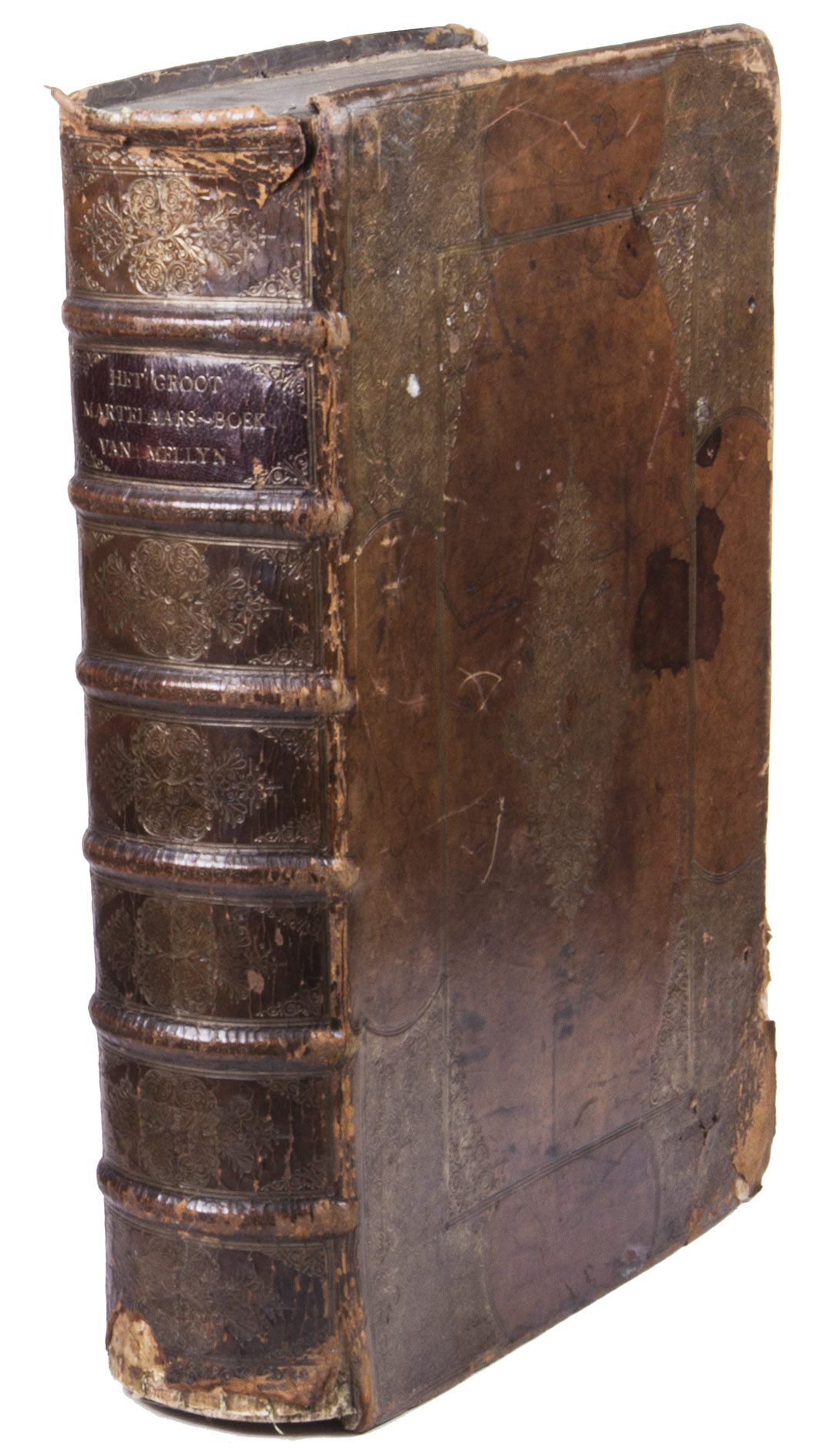 MELLINUS, Abraham. - Eerste deel van het groot recht-ghevoelende Christen martelaers-boeck ...Dordrecht & Amsterdam, Isaack Jansz. Canin & Jan Evertsz. Cloppenburgh, 1619. Folio. With an engraved title-page and 106 very vivid woodcut illustrations of tortured and/or executed martyrs (several repeats), the text alternately set in roman and gothic type. 17th- or 18th-century gold-tooled calf, sewn on 6 supports with corresponding raised bands on the spine, with a red morocco title label lettered in gold in the second compartment, with remnants of ties.