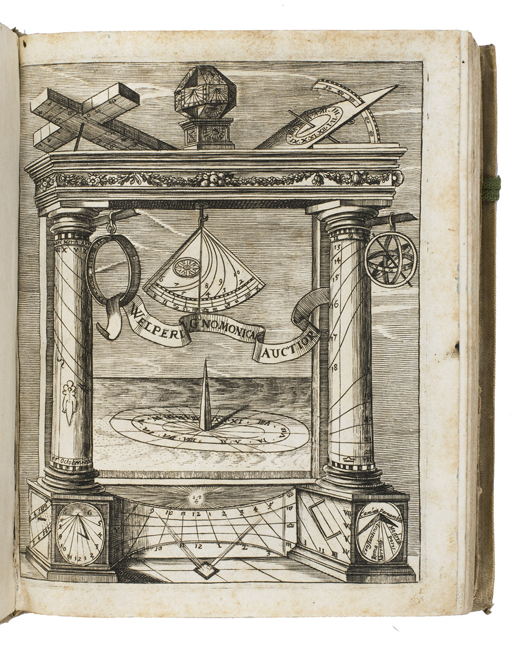 WELPER, Eberhard the elder. - Gnomonica, oder grndlicher Unterricht und Beschreibung, Wie man allerhand Sonnen-Uhren auf ebenen Orten knstlich aufreissen und leichlich verfertigen soll &c. Zum andermal aufgeleget und mit nutzlichen Anmerkungen, wie auch dem andern Theil, vermehret, durch einen Liebhaber der Mathematischen Wissenschaften [= Johann Christoph Sturm].Nuremberg, Paulus Frstens, printed by Christoph Gerhard, 1672. 2 volumes bound as 1. 4to. With a finely engraved frontispiece (an architectural gate with a wide variety of sundials and other astronomical instruments), 16 engraved plates (1 folding) in the first part (that for p. 48 repeated - at the end of vol. 2 - in accordance with the instructions to the binder), and numerous mathematical illustrations and figures on 13 folding engraved plates lettered A-N in the second part. Contemporary parchment.