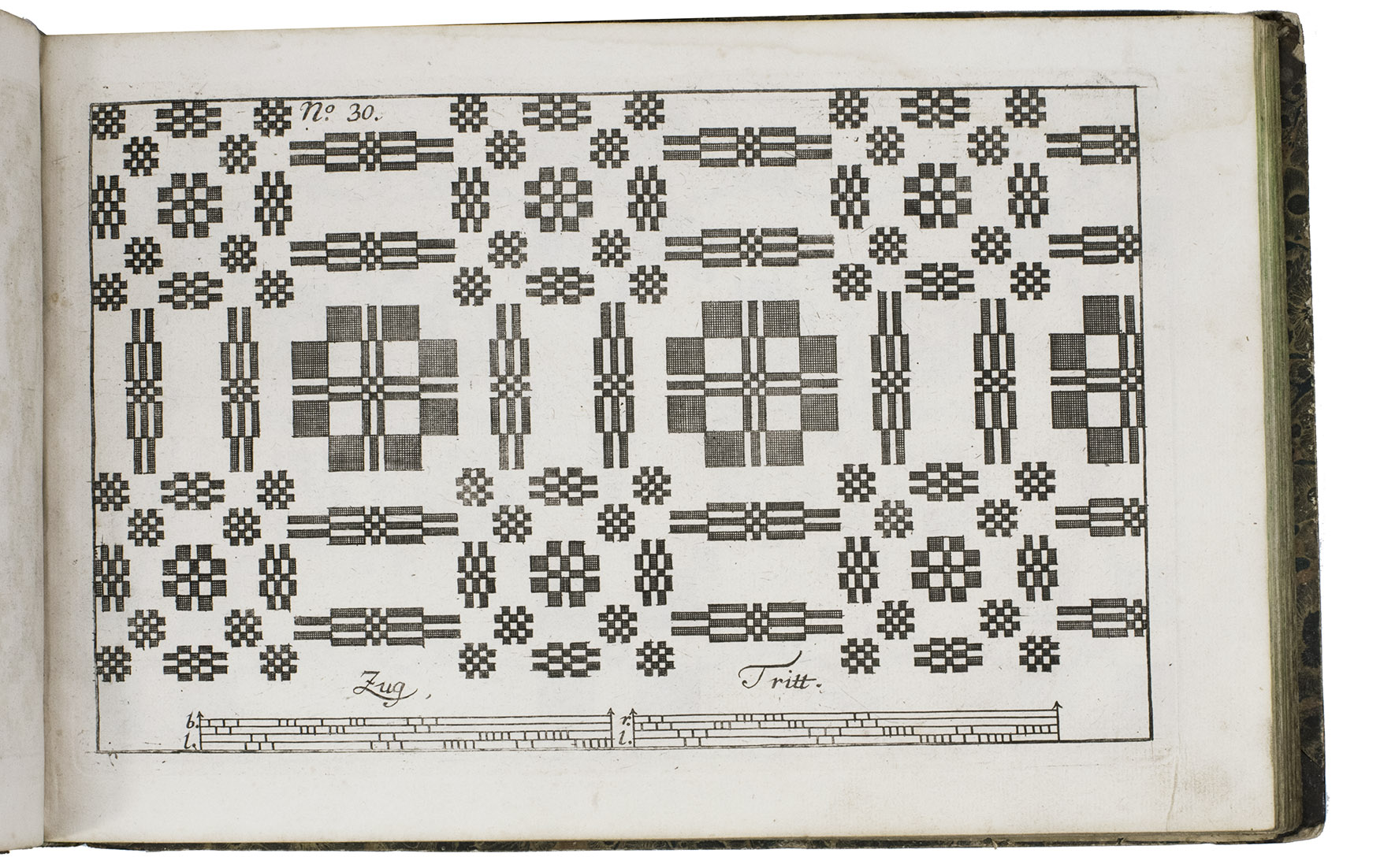 KIRSCHBAUM, Johann Michael. - Neues Weberbild- und Musterbuch, ... zur Befrderung der edlen Leinen- und Bildweberkunst, und zum Nutzen und Vergngen angehender Meister und Gesellen, auch anderer Liebhaber der Weberkunst, auf 74 Kupfertafeln ... Fnfte Original-Ausgabe.Heilbronn, Classische Buchhandlung, 1836. Oblong folio (21 x 32 cm). With 74 numbered engraved plates showing about 300 patterns for weaving. Contemporary half tanned sheepskin, tiger marbled sides.