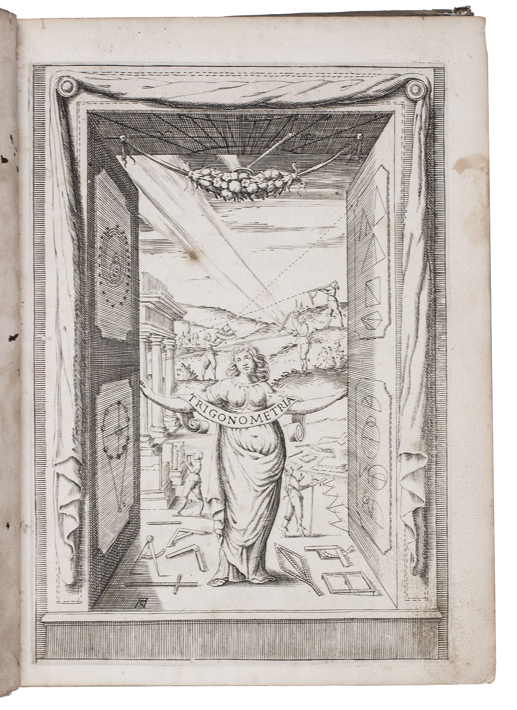 CAVALIERI, Bonaventura Francesco. - Trigonometria plana, et sphaerica, linearis, & logarithmica. Hoc est, tam per sinuum, tangentium, & secantium multiplicationem, ac divisionem iuxta veteres: quam per logarithmorum simplicem fere additionem iuxta recentiores; ad triangulorum dimetiendos angulos, & latera procedens.Bologna, heirs of Victor Benati, 1643. 4to. With engraved frontispiece and 28 geometrical figures on a folding engraved plate. Contemporary vellum, with manuscript title on spine.