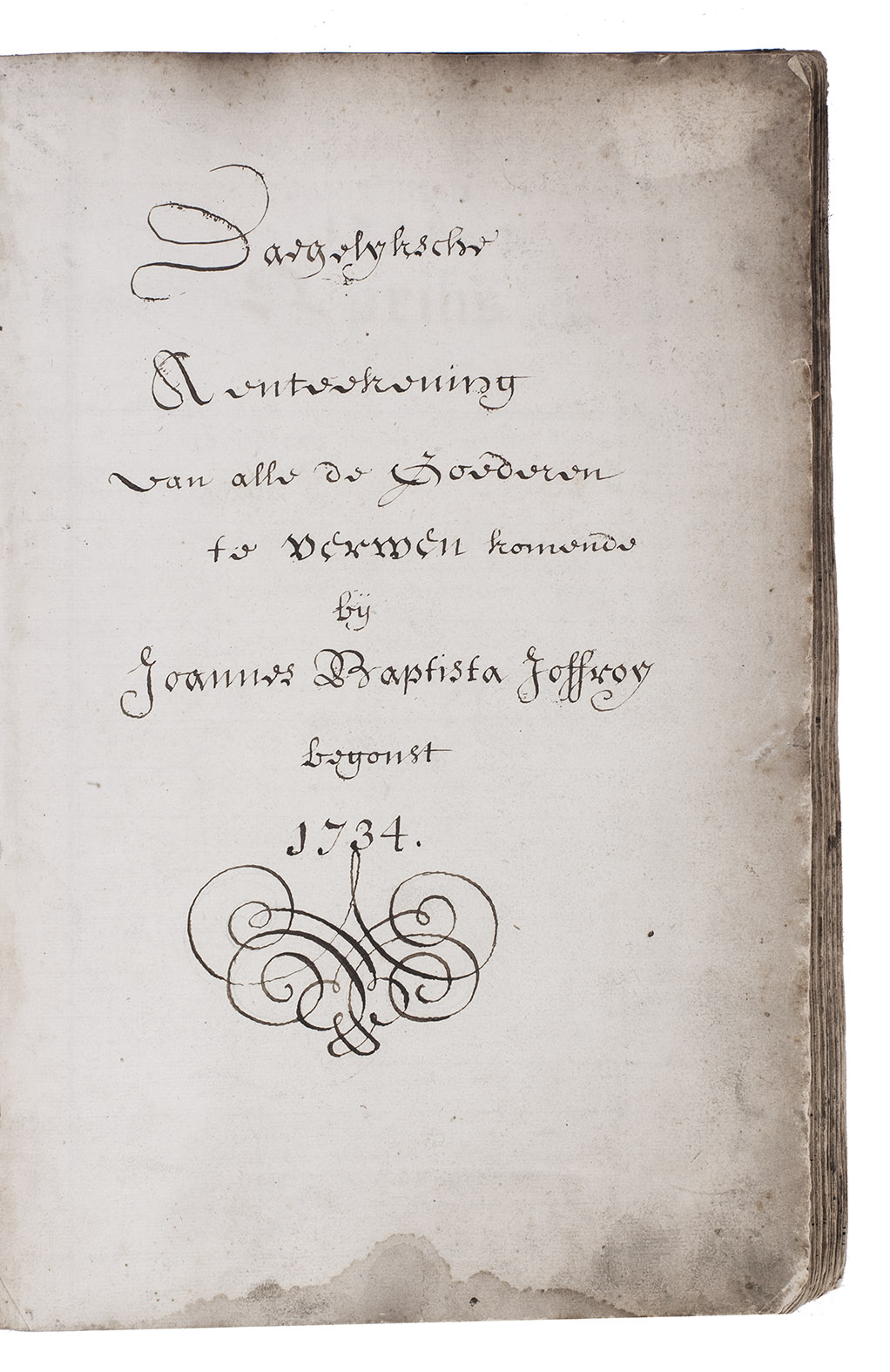 [MANUSCRIPT]. JOFFROY, Joannes Baptista (Jean-Baptiste). - Daegelyksche aenteekening van alle de goederen te verwen komende bij Joannes Baptista Joffroy begonst 1734. [Mechelen (Malines, Belgium), 1 April 1734-31 August 1759]. Folio (32.5 x 21 cm). Manuscript journal of accounts in dark brown ink on paper, written in Dutch in an upright gothic hand, with each page ruled in double and single lines to make 4 or 5 columns and up to 22 rows, decorated with hundreds of pen flourishes, three forming pictures of birds as tailpieces and with a decorative cross to begin 1750 (some other years with a simpler cross), a couple headings with additions in red. Contemporary vellum.