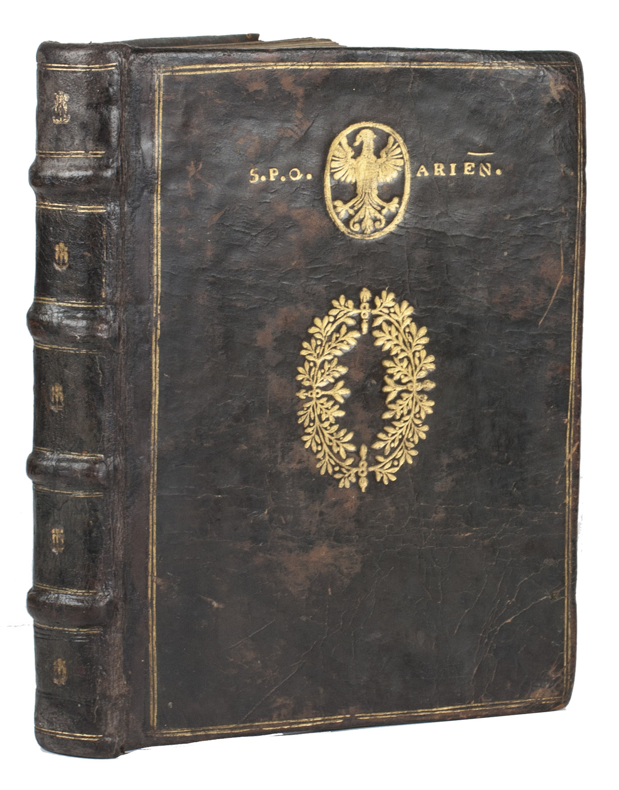 RUTILIUS LUPUS, Publius and 15 others (Franois PITHOU, ed.). - [Antiqui rhetores Latini.] ... Omnia ex codd. manusc. emendatiora vel auctiora. Paris, Adrien Prier (ex officina Plantiniana), 1599. Large 4to. Set in roman types with incidental italic, Greek and Hebrew. Contemporary gold-tooled calf with 18th-century restorations, with the arms of Aire-sur-la-Lys (an eagle) flanked by 