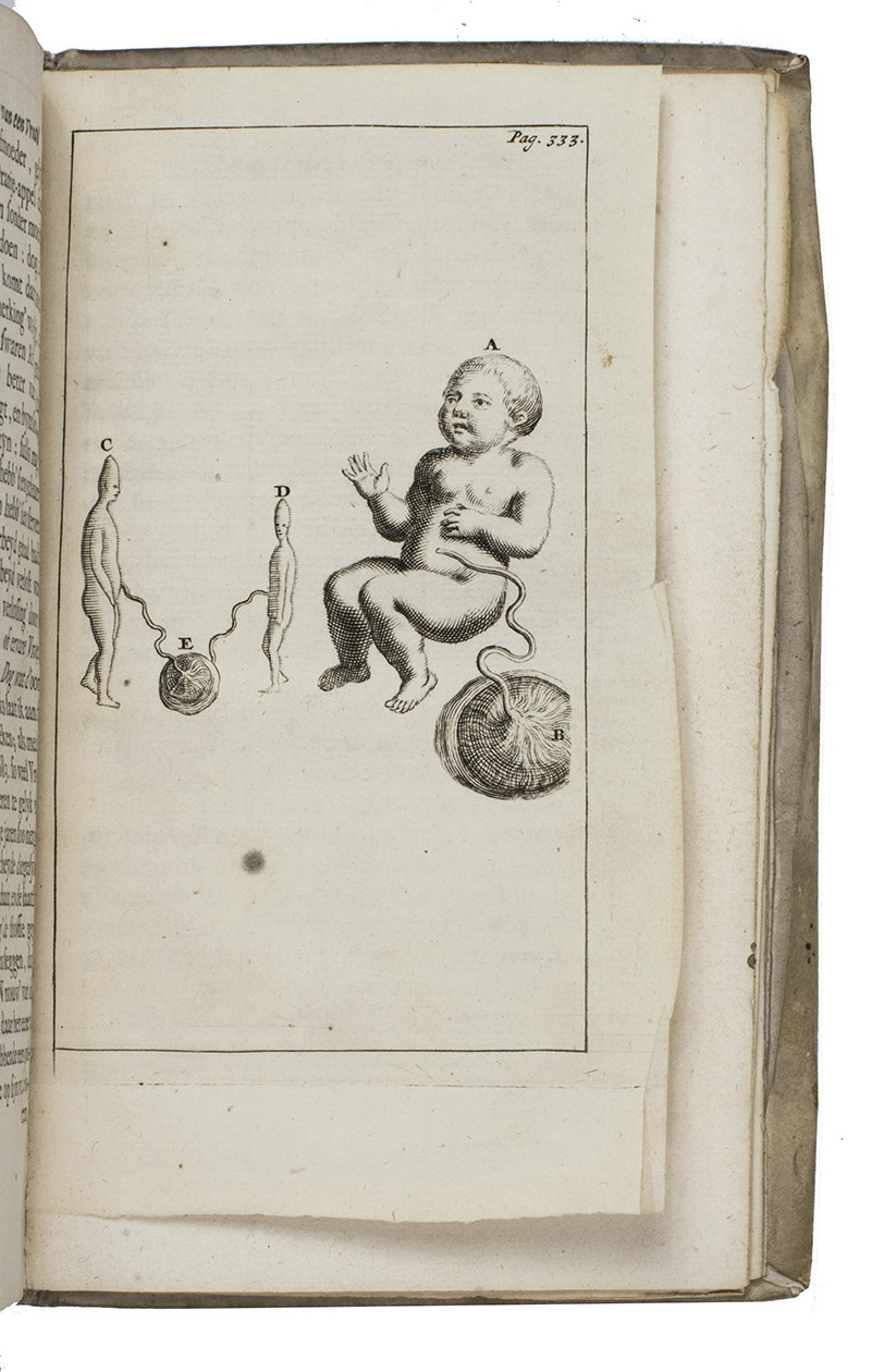 PORTAL, Paulus. - De practyk der vroed'meesters, en vroed'vrouwen, of de wyse van een vrouw' te helpen in haar kinderbaren. Uyt de Franse in de Nederduytse tale overgeset.Amsterdam, Timotheus ten Hoorn. 1690. 8vo. With an engraved portrait of the author facing the title page and 8 full-page engraved plates of embryos and a placenta.  Contemporary vellum, purple library stamp on the front board.