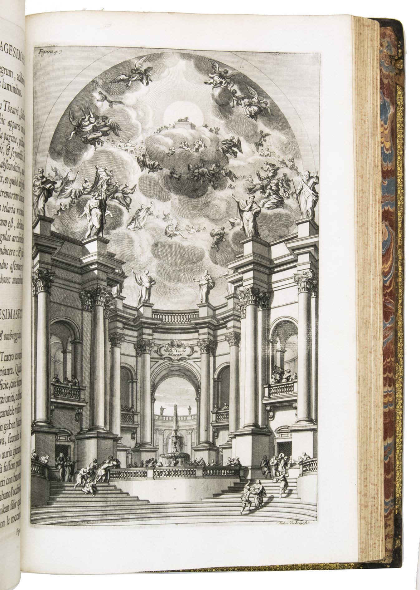 POZZO, Andrea. - Perspectiva pictorum et architectorum ... | Prospettiva de pittori et architetti ...Rome, Antonio de Rossi (part 1) and Johannis Jacobi Komarek Bohemi (part 2), 1702 (part 1) and 1700 (part 2). 2 parts in 1 volume. Folio. Part 1 with a large woodcut vignette on both title-pages (one in Latin and one in Italian), an engraved architectural frontispiece dated 1693 (behind the title-pages of part 1), a full-page engraved plate with drawing instruments before the preface, and 102 numbered engraved plates with perspectival and architectural plans and illustrations, including a large folding view of Pozzo's 