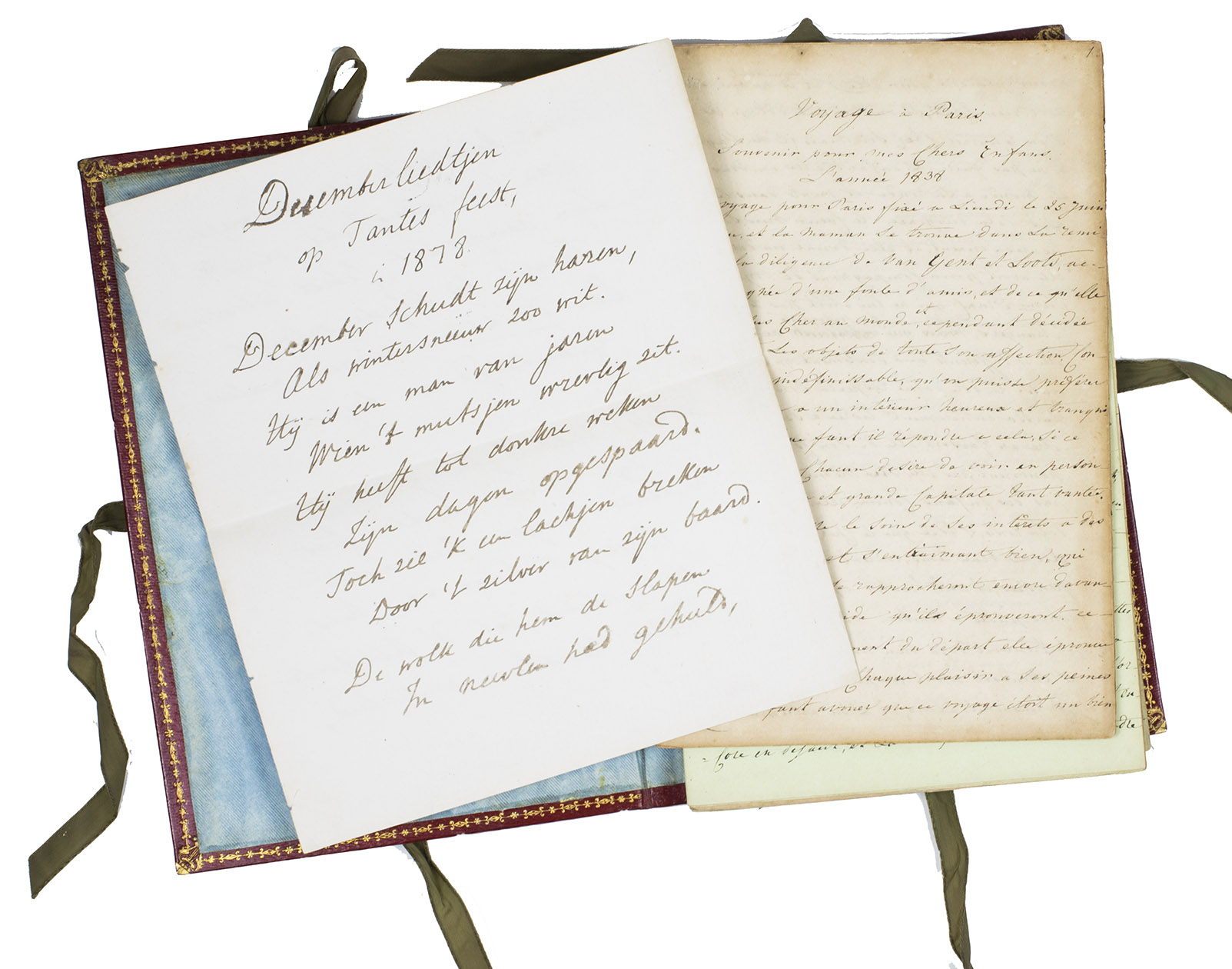 ALBERDINGK THIJM, Catharina & Josephus Albertus ALBERDINGK THIJM. - Notice de mes souvenirs d'un voyage  Paris, crite pour mes chers enfans.Amsterdam, 1838. Small 8vo. Manuscript in French, written in ink in a regular and readable hand on 7 quires of writing-paper, some with a slight green cast.With: ALBERDINGK THIJM, Josephus Albertus. Decemberliedtjen op tantes feest, in 1878. Manuscript poem, signed J.A.Th. 4to. Folded.Loose quires in a contemporary red morocco portfolio with gold-tooled title and ornamental frames on covers, richly gold-tooled turn-ins and silk paste-downs. With 3 pairs of green silk ties.