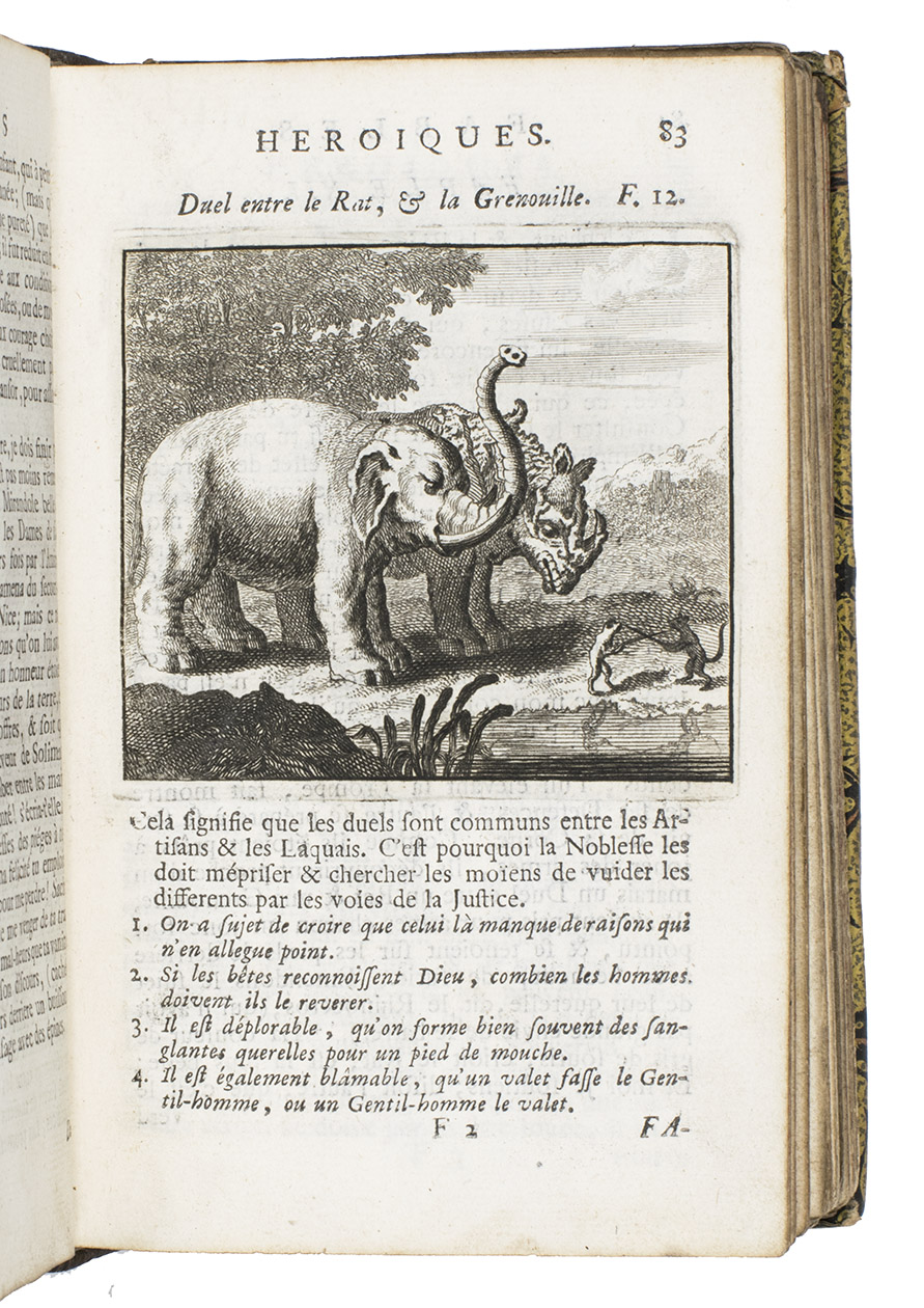 AUDIN, Gabriel. (Antoine Augustin BRUZEN de LA MARTINIERE, ed. - Fables heroques, renfermant les plus saines maximes de la politique et de la morale. Avec des discours historiques. ... A l'usage du Prince des Asturies.Amsterdam & Berlin, Jean Neaulme, 1754. 2 volumes bound as 1. 8vo. With 2 engraved frontispieces, an engraved 1720 portrait of the Prince of Asturias by Bernard Picart after a painting by (Louis) Ren Vialy, and 60 finely engraved plates. Contemporary half calf.