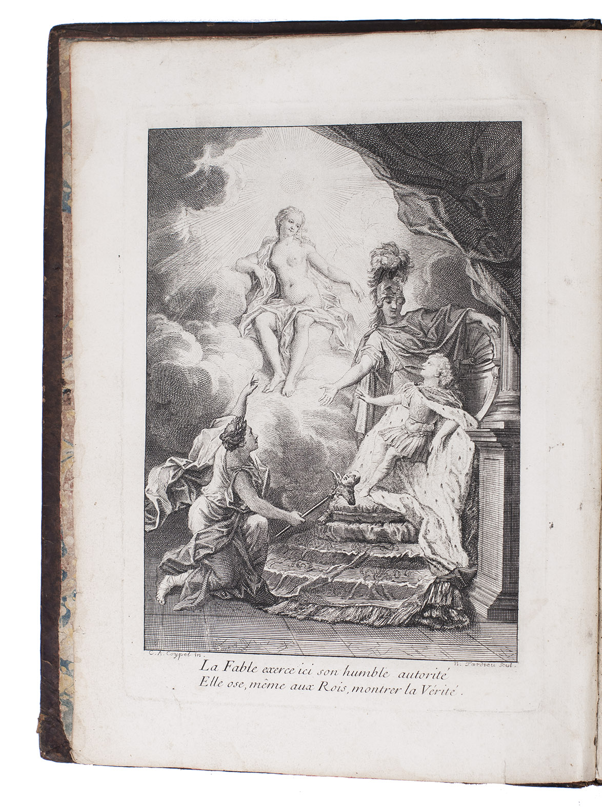 LA MOTTE, Antoine Houdar de. - Fables nouvelles, ddies au Roy. Avec un discours sur la fable. Paris, Gregoire Dupuis, 1719. 4to. With engraved allegorical frontispiece by N. Tardieu after Charles Coypel, engraved vignette on title-page by C. Simeneau after N. Vleughels and 100 engraved illustrations to the fables by and after Claude Gillot, Charles Antoine Coypel, Jean Ranc, Bernard Picart, Jean Baptiste Mass, etc. Contemporary mottled calf, gold-tooled spine.