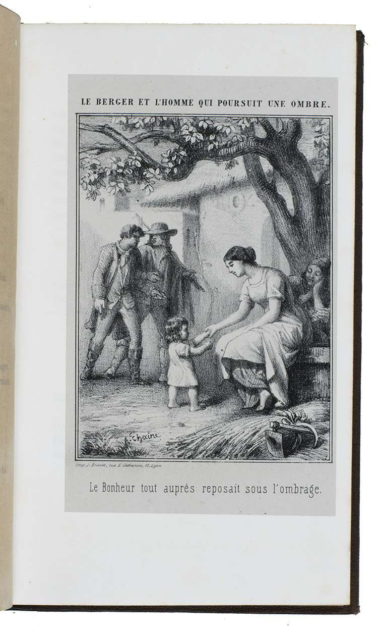 ROUSSET, A. - Fables. Esope - La Fontaine.Lyon, Impr. Fonville-Brunet et Bonnaviat, (1848-1855). 4 vols. Large 8vo. With 4 nicely illustrated lithographed titles by Genod, 20 wood-engraved half-titles, lithographed portrait of the author, numerous wood-engraved vignettes in text, and 152 full-page lithographed, wood-engraved and etched plates, illustrating the fables, by A. Chaine, Fonville, Bonirote, C. Farine, Louis Guy, Regnier, R. Laurasse, M. d'Auvigny, A. Thieriat, Pinet, etc. Contemporary half brown morocco, spines ribbed and gilt, red mottled edges.