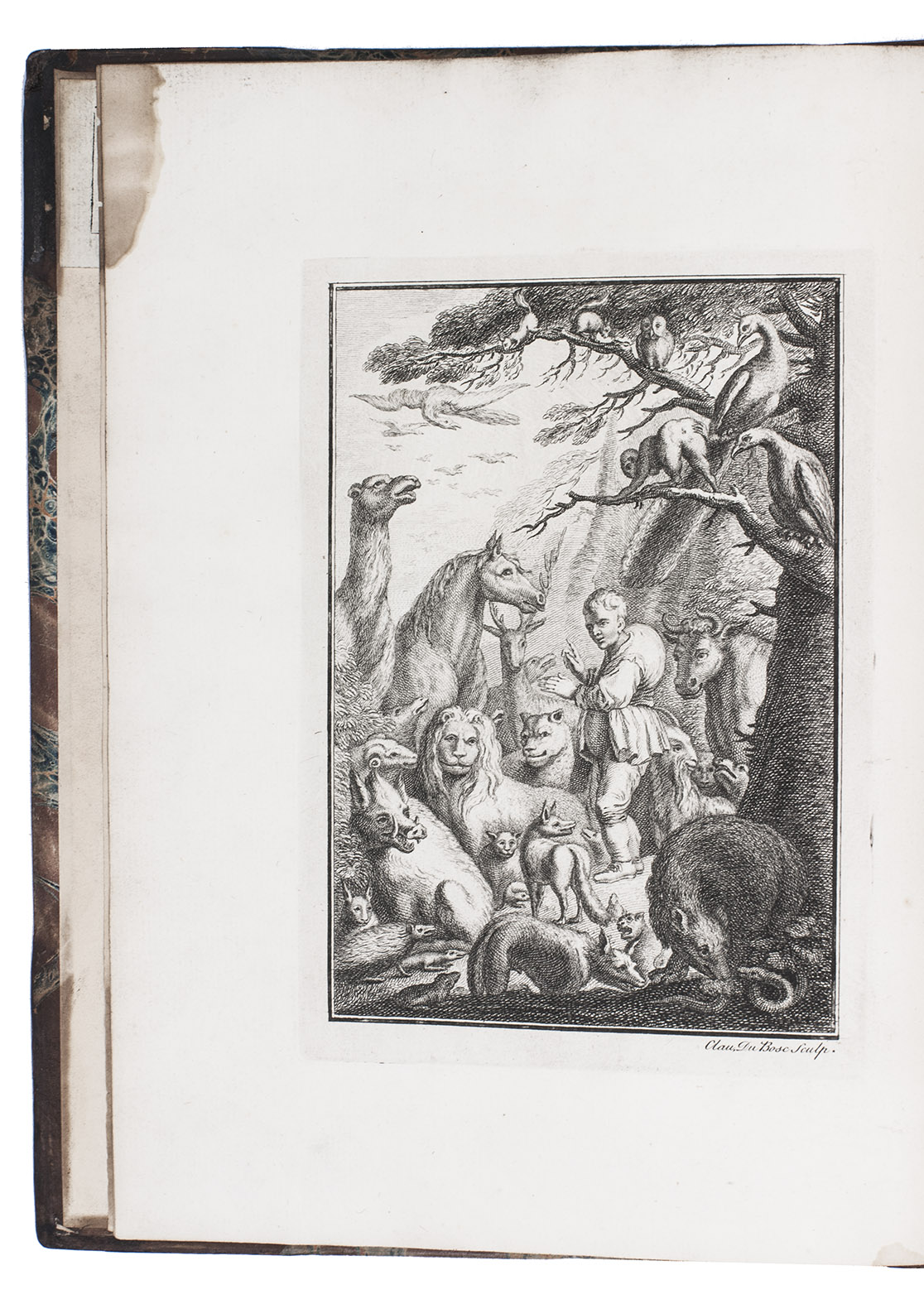 FAERNO, Gabriello. - Cent fables en Latin et en Franois, choisies des anciens auteurs, mises en vers Latins ..., et traduites par Mr. Perrault, ... London, C. Marsh & T. Payne, H. Slater, S. Baker, F. Noble, W. Bathoe, J. Palairet, 1744. 4to. With richly designed, engraved frontispiece, and 99 (of 100) fine engraved illustrations to the fables on integral leaves. Early 19th-century half calf, for the Signet Library in Edinburgh, each board with the gold-tooled British Royal arms.