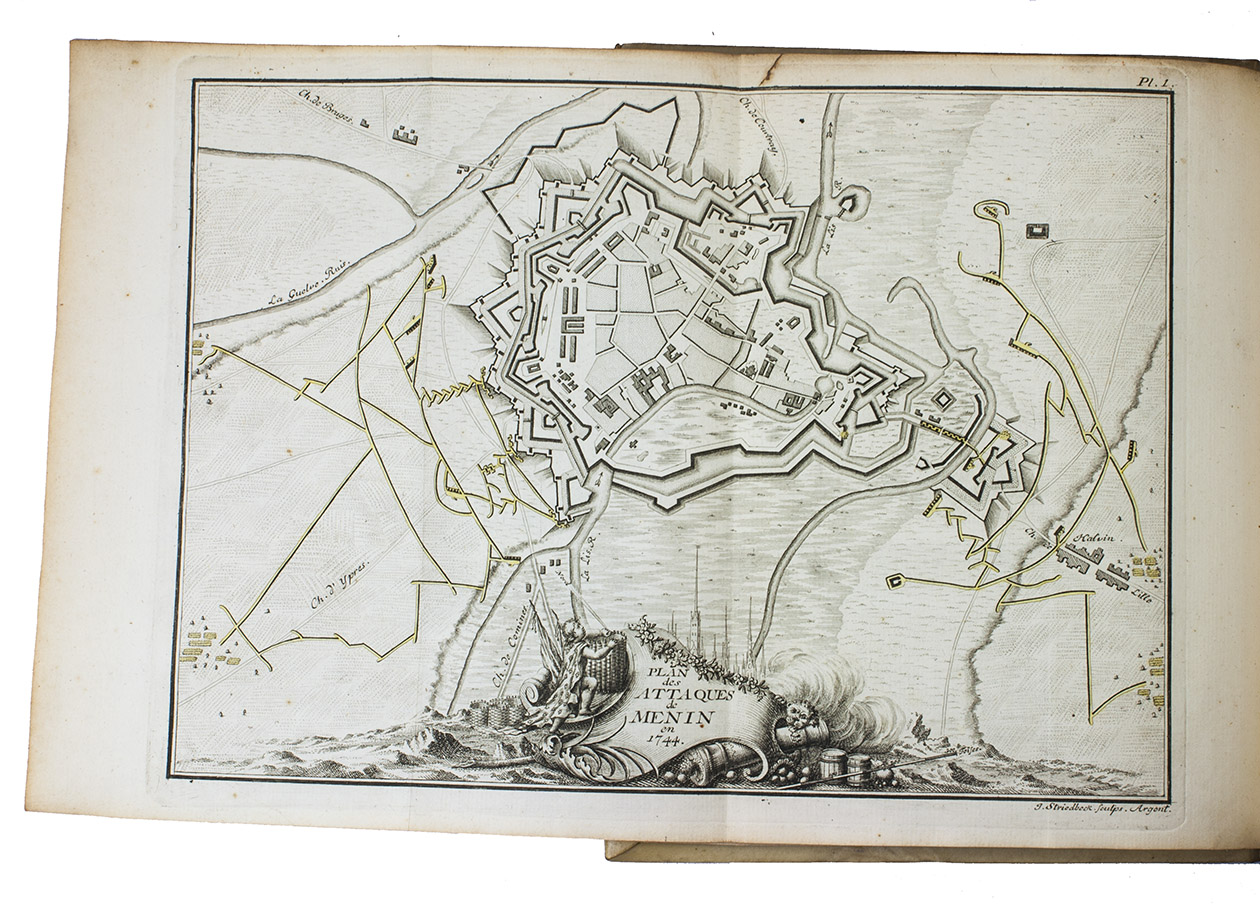 [FUNCK, Jakob and Marc Gurard D'ILLENS]. - Plans et journaux des sieges de la derniere guerre de Flandres.Strasbourg and the Hague, Pierre Gosse junior, 1750. 4to. With 25 folding engraved maps with some hand-coloured details, and several, woodcut head- and tailpieces. Contemporary vellum.