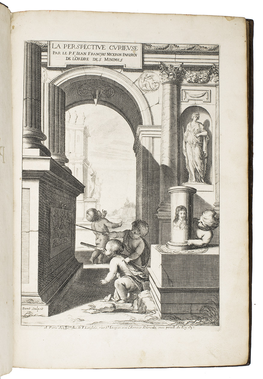 NICERON, Jean Franois. - La perspective curieuse, divise en quatre livres. Avec l'optique et la catoptrique du R.P. Mersenne, mise in lumiere aprs la mort de l'autheur. Oeuvre tres-utile aux peintres, architectes, sculpteurs, graveurs, &  tous autres qui se meslent du dessein.Paris, the widow of F. Langlois, dit Chartres, 1651-1652. With engraved allegorical title-page by Daret, full-page engraved portrait of Niceron by Michel Lasne, several woodcut diagrams in text and, bound at the end of the book, 49 full-page plates and 1 double-page engraved plate with numerous illustrations of drawing in perspective, in optical illusions and in trompe l'oeil.With: (2) MERSENNE, Marin. L' optique et la catoptrique.Paris, the widow of F. Langlois, dit Chartres, 1651. With numerous woodcut illustrations and figures in the text. Folio. Contemporary calf, gold-tooled spine, gilt double fillet borders on both sides and on the spine.