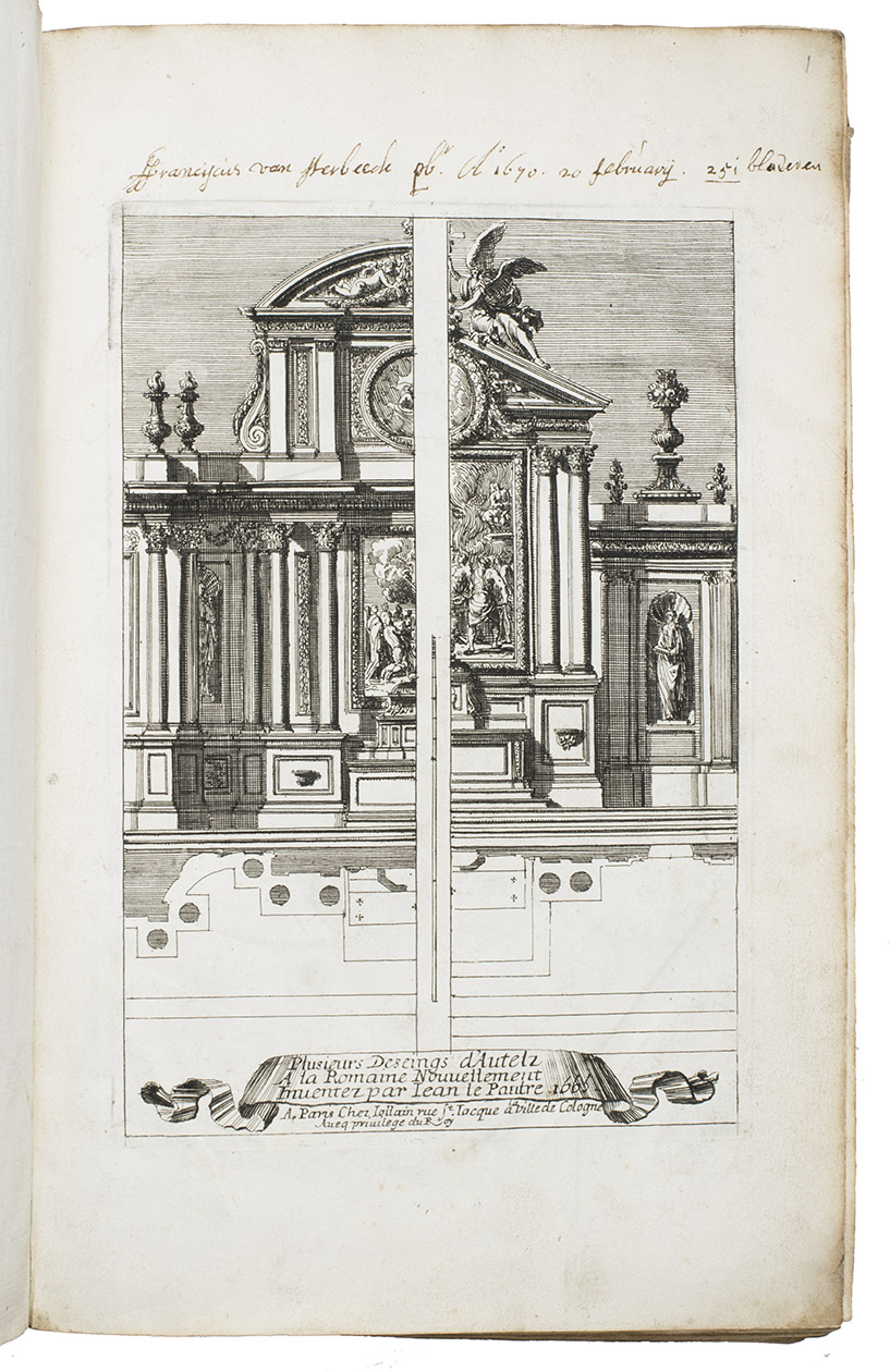 LE PAUTRE (POUTRE), Jean. - [Extensive overview of the architectural and ornamental work]. Paris, Franois Jollain, Pierre Mariette, Jean Le Blond, Nicolas Langlois, 1651-1670. 41 parts in 1 volume. Folio. With 40 engraved print-series nearly all by Jean Le Pautre. Further with 1 duplicate series and 6 individual plates not in these series. With a total of 253 full-page engraved plates: 33 complete series of 6 plates, 1 complete series of 12 plates, and 6 incomplete series (lacking 10 of 42 plates) plus an incomplete duplicate of one of the complete series (5 of 6 plates), and the 6 individual plates. About half the series cut down and mounted on blank leaves or on the back of engraved leaves. 18th-century mottled calf.