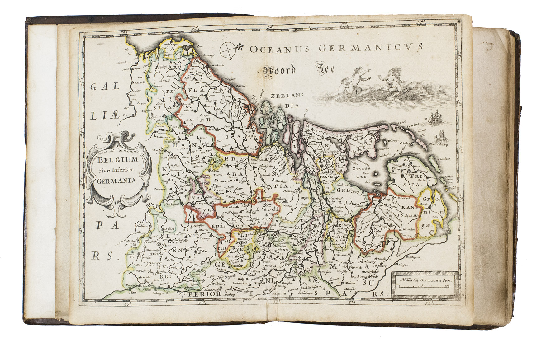 [ATLAS - LOW COUNTRIES]. [COLOM, Jacob Aertsz.]. - La description de XVII. Provinces, avec les Terres Circonvoicins, a Scavoir Champagnie, Picardie, Liege, Retelle, &c.Antwerp, Jan Huyssens, 1652. 4to (18 x 14.5 cm). With a double-page letterpress title-page, with a frame built up from  typographic ornaments, and 39 unnumbered double-page engraved maps of the northern and southern Low Countries by Jacob Aertsz. Colom, each map coloured in outline. Interleaved with 38 blank leaves and with a manuscript table of contents ([3], [3 blank] pp.) at the end. Later 17th-century mottled calf.