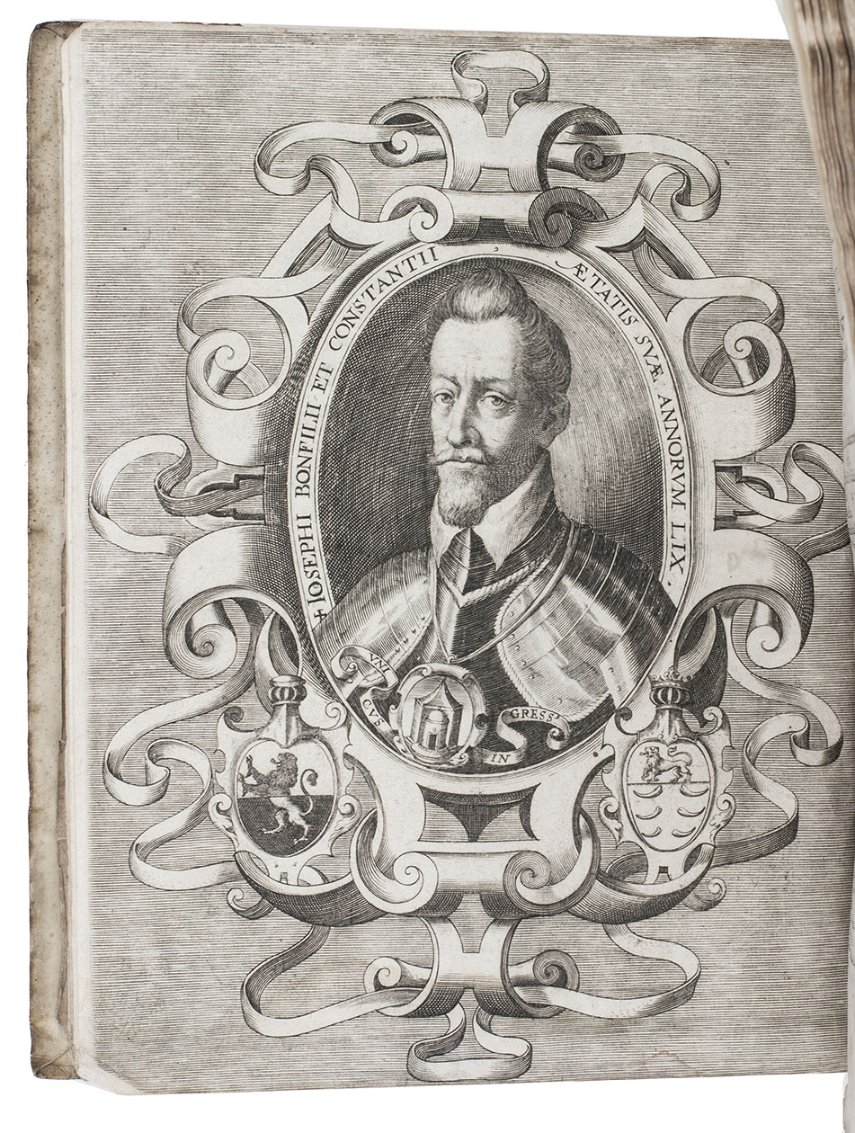 BUONFIGLIO COSTANZO, Giuseppe. - Prima[-seconda] parte dell'historia Siciliana, nellequale si contiene la descrittione antica, & moderna di Sicilia, le guerre, & altri fatti notabili dalla sua origine per sino alla morte del Catolico R Don Filippo II. Divisa in XX libri et due parti.Venice, Bonifacio Ciera, 1604. 2 parts in 1 volume. 4to. With engraved device on the title-page, full-page engraved author's portrait, and numerous woodcut headpieces, tailpieces and decorated initials. Contemporary limp vellum.