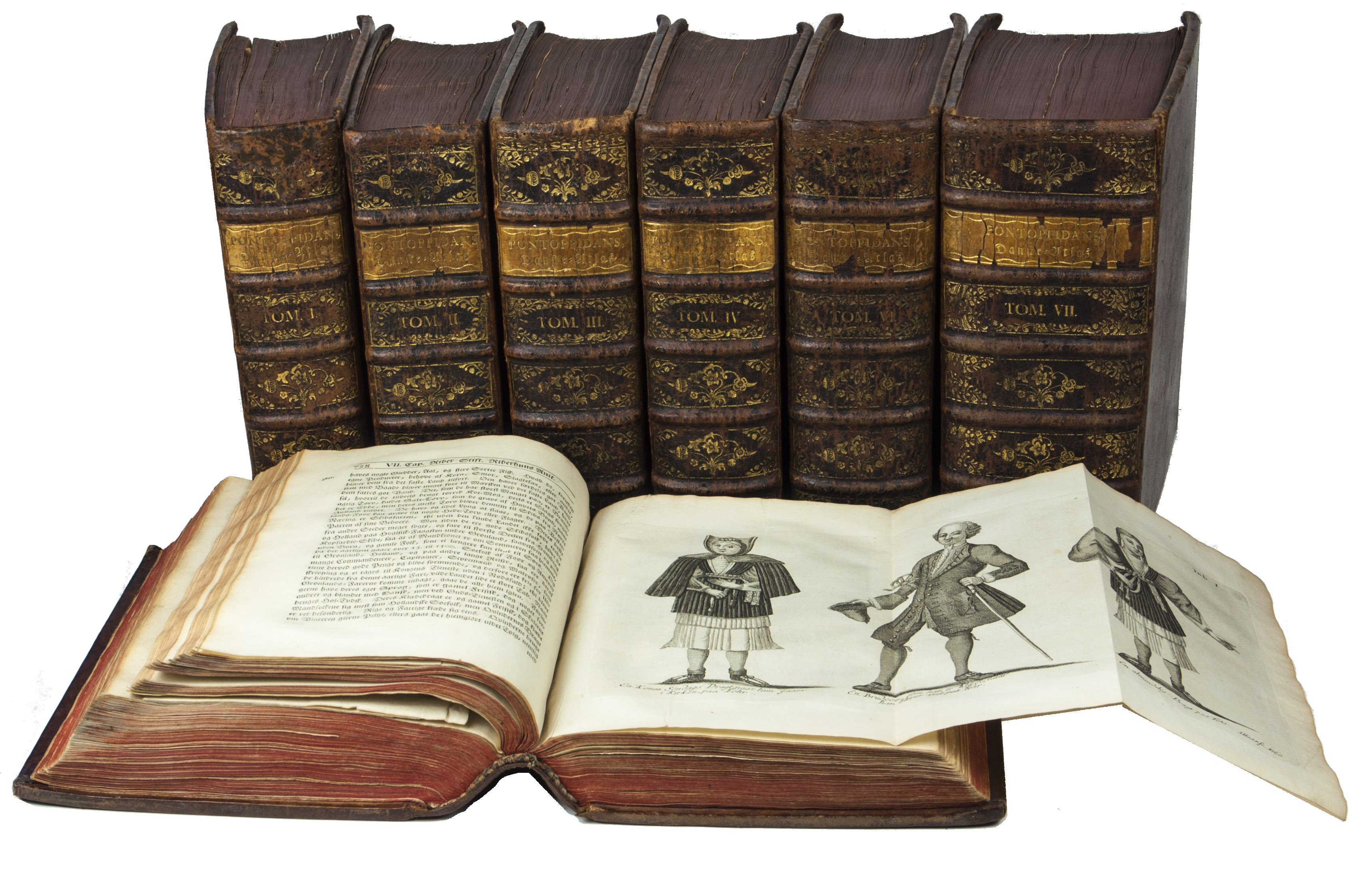 PONTOPPIDAN, Erik and Hand de HOFMAN. - Den Danske Atlas, eller Konge-Riget Dannemark, med dets naturlige Egenskaber, Elementer, Indbyggere, Vaexter, Dyr og andre Affdninger, dets gamle Tildragelser og naervaerende Omstaendigheder i alle Provintzer, Staeder, Kirker, Slotte og Herre-Gaarde. Forestillet ved en udfrlig Lands-Beskrivelse, ... Tomus I[-VII].Copenhagen, Andreas Hartvig Godiche, Royal University Printer (vols. I-V) and heirs (vols. VI-VII), 1763-1781. 7 volumes. 4to. With 296 mostly folding engraved maps, plans and views of Denmark and Danish cities, castles, houses and gardens, including engraved plates showing Danish antiquarian relics, plants, animals and costumes. Contemporary uniform calf, richly gold-tooled spines.