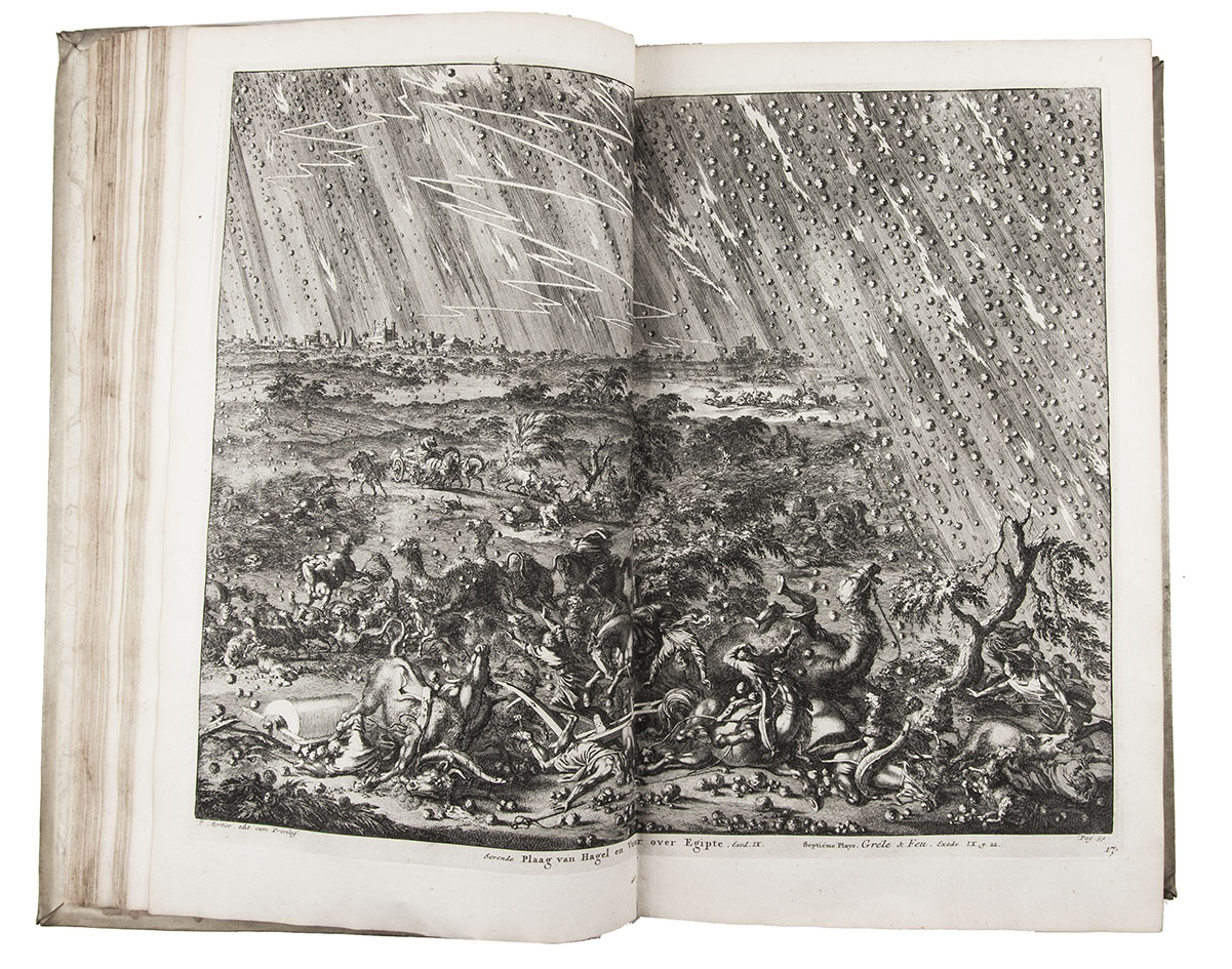 JOSEPHUS, Flavius. - Alle de werken.Amsterdam, Pieter Mortier, 1704. With: (2) BASNAGE DE BEAUVAL, Jacques. Vervolg op Flavius Josephus.Amsterdam, Gerard Onder de Linden; Delft, Reinier Boitet, 1726-1727.2 works in 3 volumes, bound as 2. Folio. Ad 1 with a richly engraved frontispiece, a title-page in red and black with engraved oval portrait of Flavius Josephus, divisional title, 2 folding maps, 12 double-page plates, 3 plans, and 209 illustrations in text, all engraved. Ad 2 with a richly engraved frontispiece, 2 title-pages, the first in red and black with Onder de Linden's device, the second with Boitet's device, engraved portrait of the dedicatee, dedication plate and portrait of Basnage; 4 folding letterpress genealogical and other tables, 1 engraved illustration plate, and 90 engraved illustrations in text. Uniform contemporary blind-tooled vellum, each board with a large scrollwork centrepiece and 4 cornerpieces in a double frame of fillets, hand-lettered spine titles.