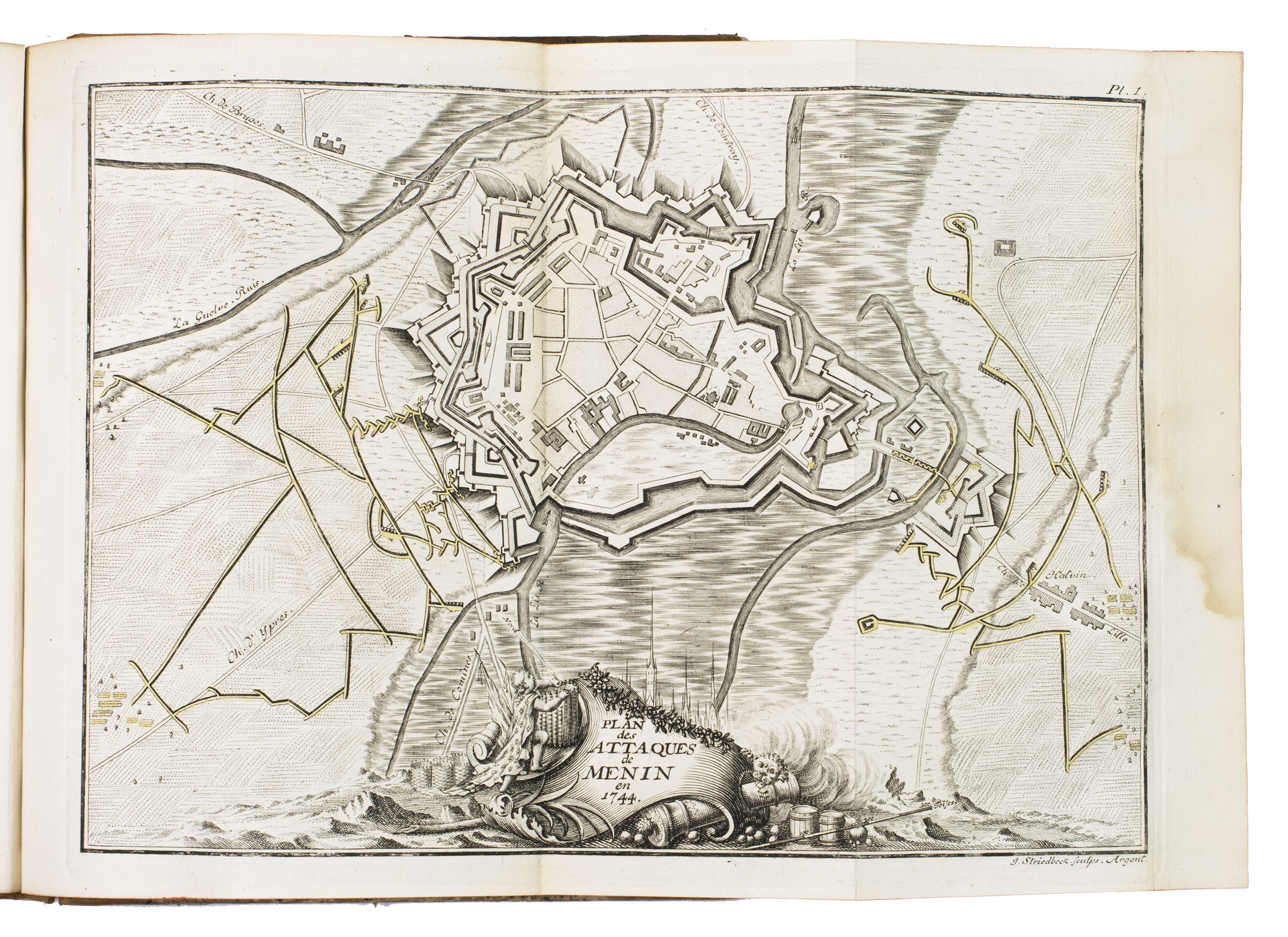[FUNCK, Jakob and Marc Gurard d'ILLENS]. - Plans et journaux des sieges de la derniere guerre de Flandres.Strasbourg, Melchior Pauschinger, 1750. 4to. With 25 folding engraved maps with some hand-coloured details, and several, often repeated, woodcut head- and tailpieces.  Contemporary half calf, gold-tooled spine.
