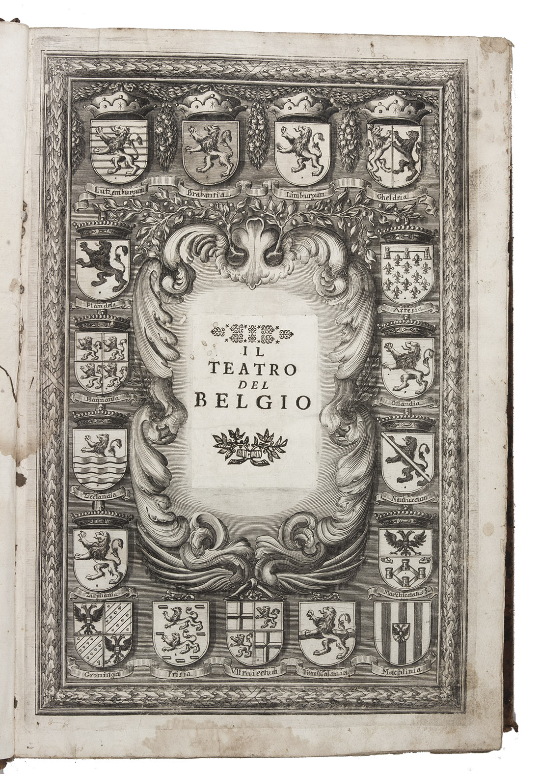 GUALDO PRIORATO, Galeazzo. - Teatro del Belgio  sia descritione delle diecisette provincie del medesimo; con le piante delle citt, e fortezze principali; da chi al presente possesse; come, in qual modo, & in qual tempo acquistate.Vienna, Michael Thurnmayer, 1673. Folio. With engraved frontispiece with the coat-of-arms of all Seventeen Provinces, engraved military scene on the title-page, folding engraved map of the Low Countries, 2 folding engraved views of a sea-battle and an army crossing the Rhine, and 120 double-page engraved fortification plans. Contemporary mottled sheepskin, gold-tooled spine.