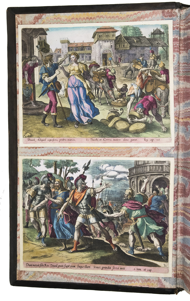 [BIBLE - DUTCH]. - Bybel, dat is, de gansche H. Schrift, vervattende alle de kanonyke boeken des Ouden en Nieuwen Testaments.Gorinchem, Nicolas Goetzee, 1748. 2 volumes. Large folio. With engraved allegorical frontispiece by J. Punt after J. de Wit, large engraved vignette by J. Punt on title, 12 double-page folding engraved maps by W.A. Bachine, including a plan of Jerusalem, and 61 double-page engraved plates by Jan Luyken, including 2 with four half-page illustrations to one plate, and extra mounted on endpapers of both volumes 8 half-page engraved bible-illustrations by G. de Jode, all richly coloured by hand. Contemporary calf over wooden boards, spines ribbed and richly gilt in a fine light flower design, with broad richly ornamental gilt borders and elegant gilt inner-panel with large gilt flowers at the four corners and large flowered gilt central ornaments.