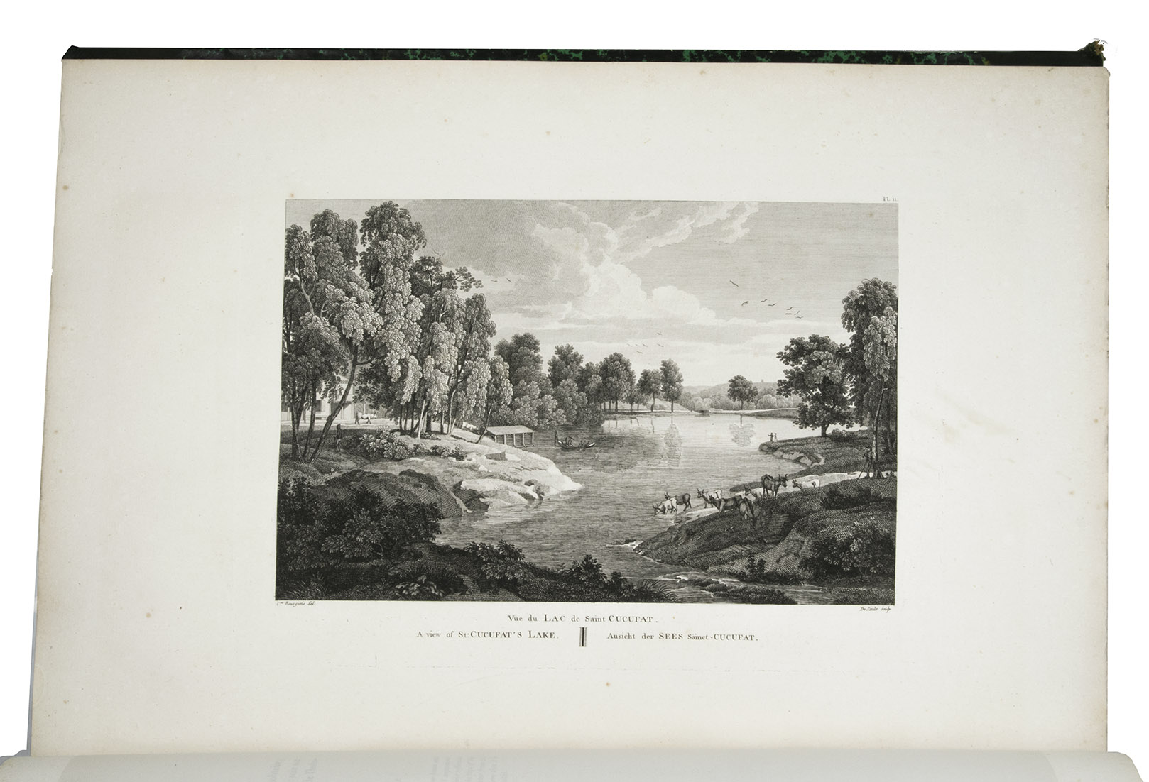 LABORDE, Alexandre de. - Description des nouveaux jardins de la France et de ses anciens chateaux ... | Description of the modern gardens and ancient castles in France. |  Beschreibung der neuen Grten und alten Schlsser in Frankreich. Paris, Delance, 1808[-1814]. Large folio (50.5 x 35.5 cm). With engraved title-page, engraved map of Northern France, 2 engraved plans, 130 engraved plates with views of gardens on 91 leaves (numbered 1-122 and A-H), and one engraved plate with geological figures. With text in French, English and German. Contemporary green half morocco, gold-tooled spine.