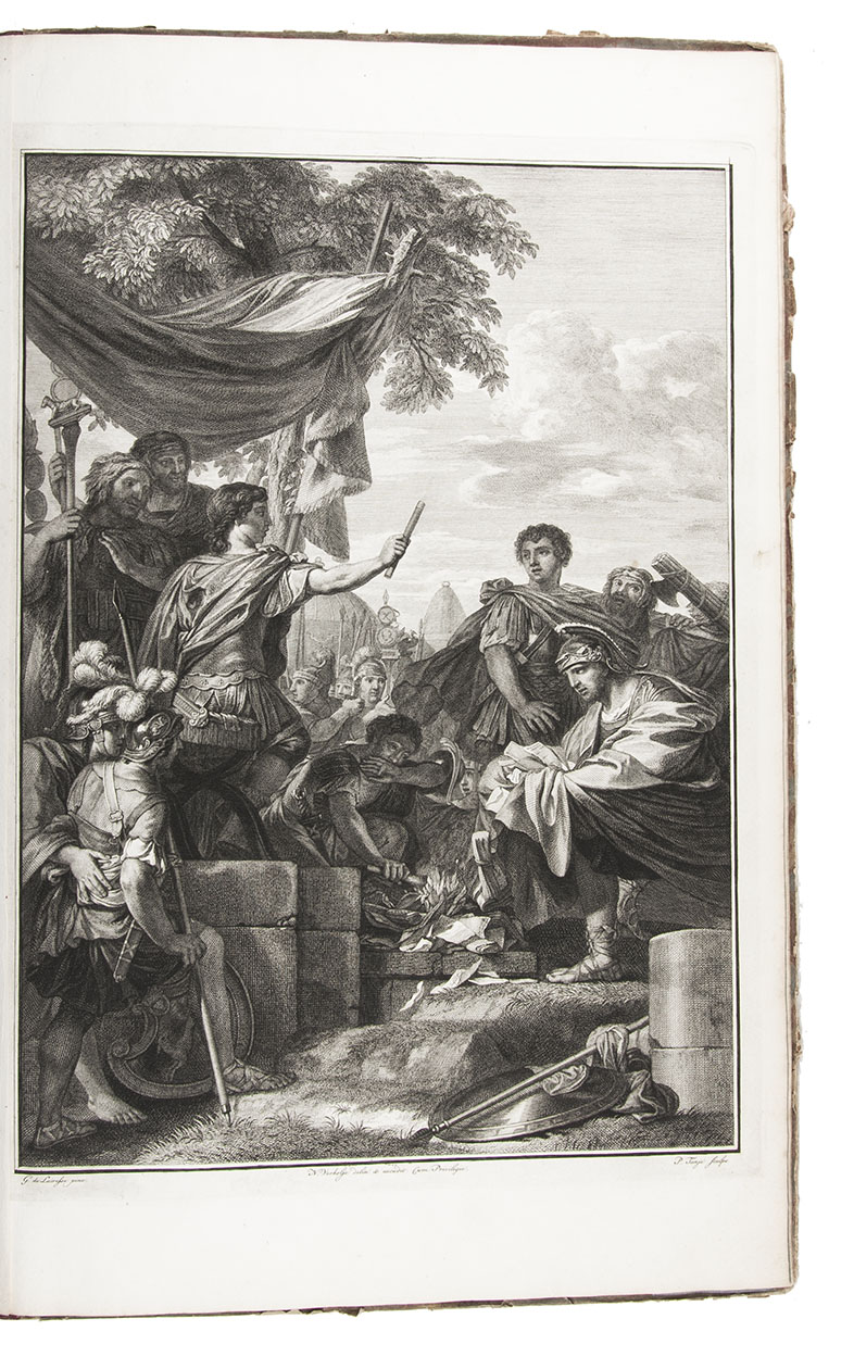 LAIRESSE, Gerard de. - Tafereelen, geschilderd door Gerard de Lairesse, in de Raadkamer van den Hove van Justitie van Holland, Zeeland, en Westvriesland; ... Les tableaux qui se trouvent a la Haye, dans la Chambre du Conseil de Justice de la Cour d'Holande, de Zelande, & de Westvrise.Amsterdam, printed for Nikolaas Verkolje, 1737. Large folio. With 7 engraved plates illustrating 7 paintings by Larisse at the old provincial Court of Justice in the Binnenhof at The Hague, engraved by Pierre Tamj and Claude Duflos after drawings by Verkolje. 19th-century half roan, marbled boards.