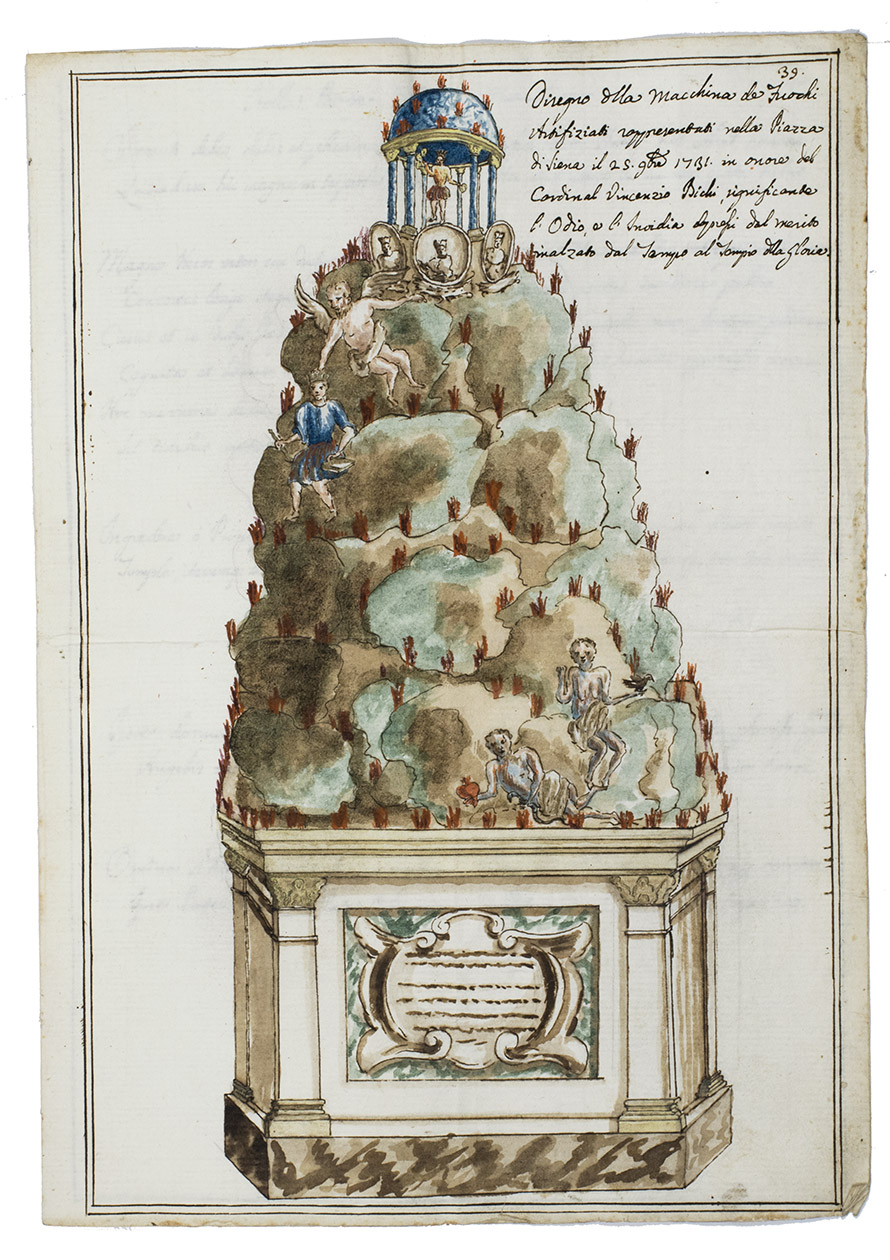 [DRAWINGS - FIREWORKS]. - [Fireworks erected in Siena on the occasion of festivities between the years 1729 and 1734, celebrating the creation of 3 cardinals, two of them born in Siena].[Siena, 1729-1734]. Folio (ca. 29.5 x 20.5 cm). 3 ink wash and aquatints drawings on paper, each drawn on one side, showing the designs of the fireworks.