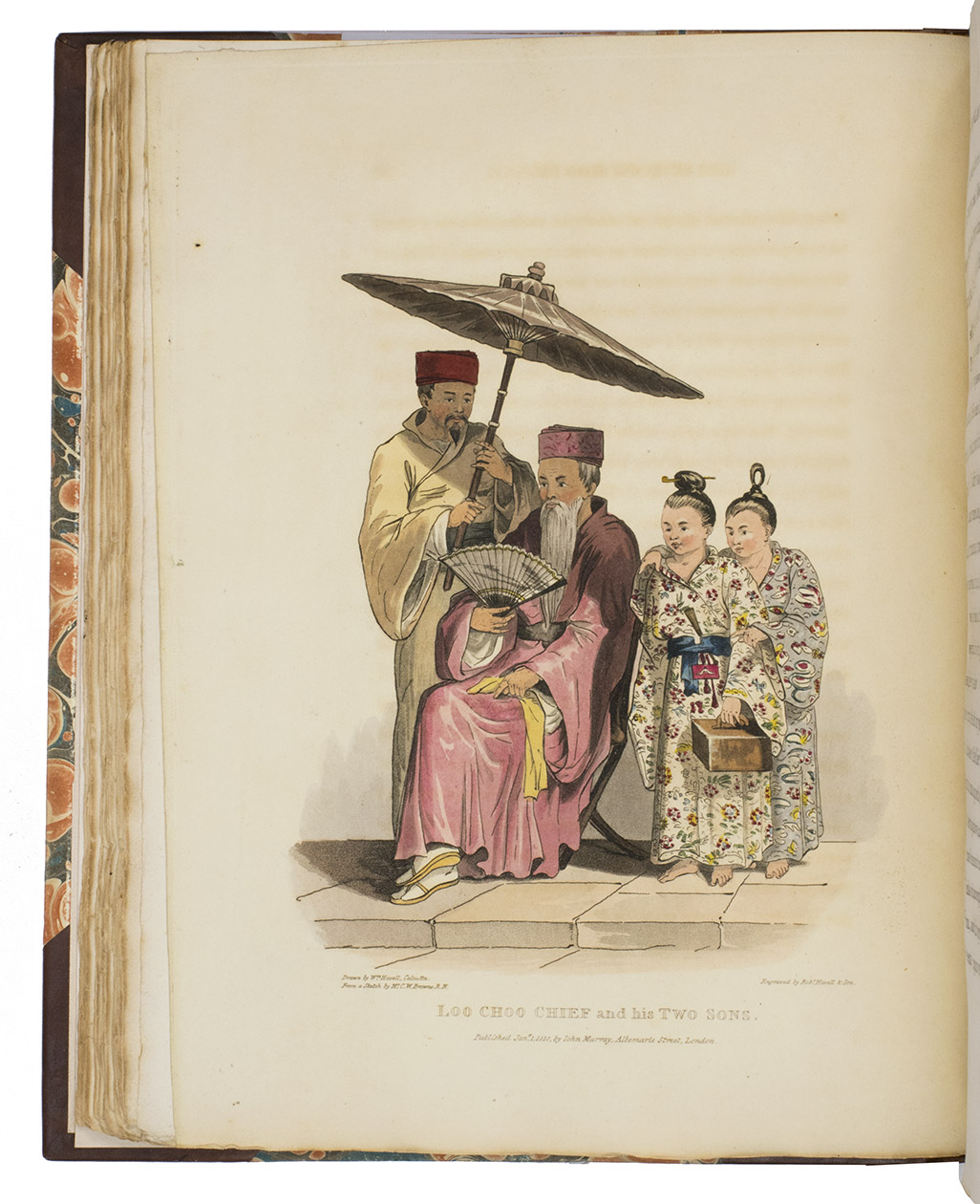 HALL, Basil. - Account of a voyage of discovery to the west coast of Corea and the great Loo-Choo Island. With an appendix, containing charts, and various hydrographical and scientific notices. And a vocabulary of the Loo-Choo language.London, John Murray, 1818. Large 4to. Coloured plates of Sulpher Island, Korean Chief and his secretary, Napakiang, Loo Choo Chief and his two sons, Priest and Gentlemen of Loo Choo, the Prince of Loo Choo, scene after the Prince of Loo Choo's feast, Gentlemen of Loo Choo in his Cloak, some items of daily use for the inhabitants and the bridge at Napakiang. Later three quarter leather with spine raised in six compartents with gilt ornaments and two green leather title labels.