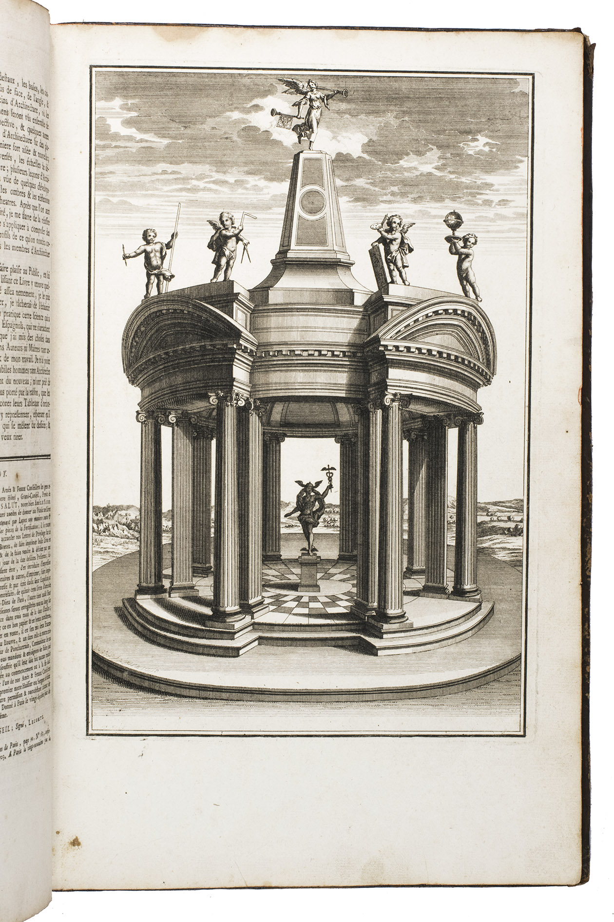 BRETEZ, Louis. - La perspective pratique de l'architecture. Contenant par leons une manire nouvelle, courte et aise pour reprsenter en perspective les ordonnances d'architecture & les places fortifies.Paris, Charles Antoine Jombert, 1751. Folio. With an engraved frontispiece, and 59 full page engraved plates (52 numbered, 5 unnumbered, 2 with text). Contemporary gold tooled mottled brown calf, red edges, marbled end papers.