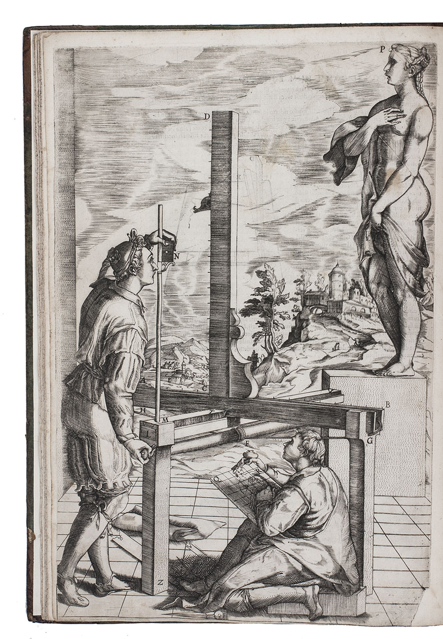 VIGNOLA, Giacomo Barozzi da. - Le due regole della prospettiva pratica. Con i commentarij del Egnatio Danti.Rome, Francesco Zannetti, 1583. Folio. With a richly engraved architectural title-page by Cherubinus Albertus, 120 woodcut mathematical illustrations and figures in the text explaining perspective, including woodcuts of anamorphoses and 1 full-page woodcut, designed and cut by Danti, 29 engraved plates showing perspective designs, including 8 full-page, by Vignola. Further with a large woodcut printer's device on verso of the last leaf, and some woodcut decorated initials and head pieces. Later gold-tooled half calf and green decorated paper over boards, red and blue sprinkled edges.