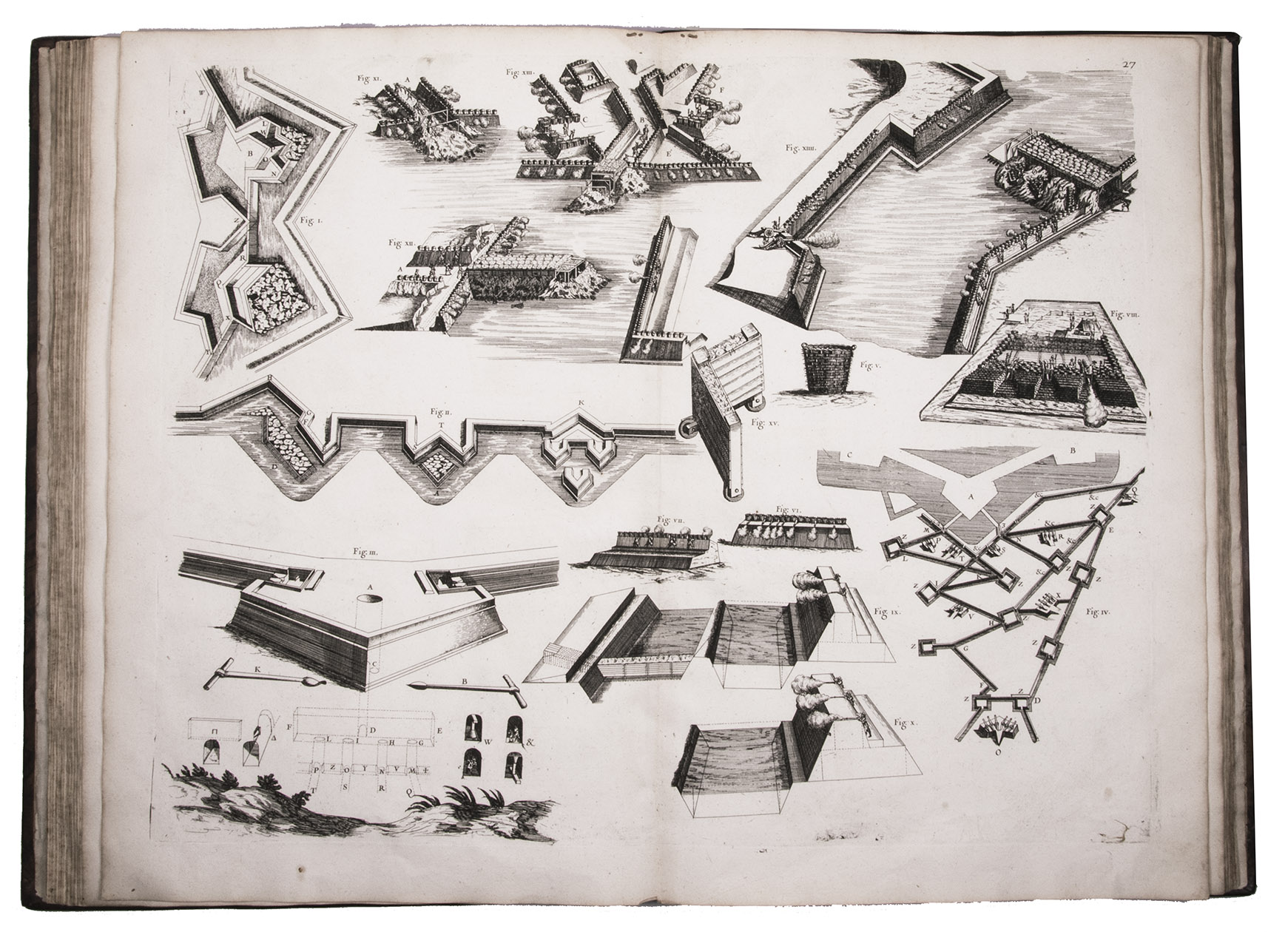 LUDERS, Theodoric. - Traict mathematique contenant les principales definitions, problemes et theoremes d'Euclide. l'Arithmetique decimale. . . .  La fortification Hollandoise. Francoise. Italienne. Et Espagnolle.Paris, [Jean Jombert], 1680. With engraved title-page, engraved table, and 34 numbered engraved plates (11 double-page).With: (2) LUDERS, Theodoric. Trait d'arithmetique contenant les reigles necessaires aux marchands, banquiers, changeurs, &. financiers: . . . Paris, [Jean Jombert], 1680. 2 works in 1 volume. Large folio (5034.5 cm). Contemporary mottled calf, richly gold-tooled spine (rebacked with original backstrip laid down).