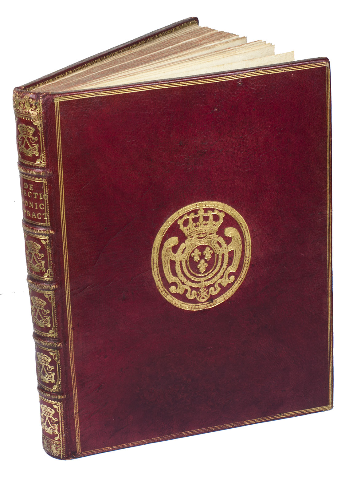 HAMILTON, Hugh. - De sectionibus conicis. Tractatus geometricus. In quo, ex natura ipsius coni, sectionum affectioens [!] facillime deducuntur. Methodo nova. London, William Johnston, 1758. 4to. With numerous illustrations on 17 folding engraved plates. Contemporary French gold-tooled red goatskin morocco, with the arms of the French King Louis XV in the centre of each board and his crowned monogram in each compartment (except that with the title) of the spine.