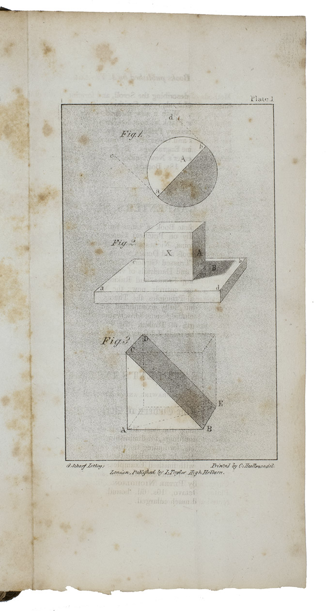 GWILT, Joseph. - Sciography; or, examples of shadows; and rules for their projection: intended for the use of architectural draughtsmen.London, J. Taylor (back of title-page: printed by J. Moyes, London), 1822. Large 8vo. With 18 folding lithographed plates. Contemporary half calf.