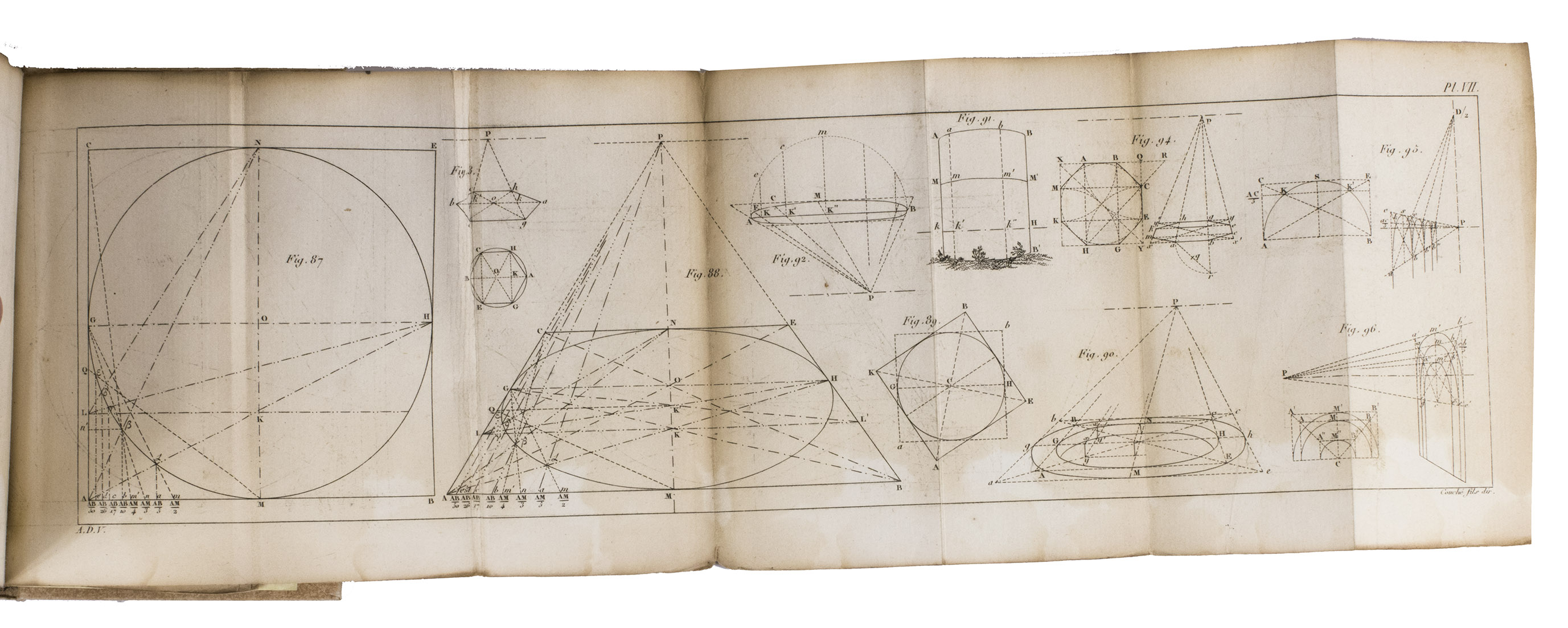 VERGNAUD, Armand Denis. - Manuel de perspective, du dessinateur et du peintre, contenant les lmens de gomtrie indispensables au trac de la perspective, la perspective linaire et arienne, et l'tude du dessin et de la peinture spcialement applique au paysage.Paris, Roret, 1825. 12mo. With 108 figures and illustrations on 8 folding engraved plates. Modern gold-tooled beige paper over boards, with a red morocco author and title label on the spine, lettered in gold, brown sprinkled edges.