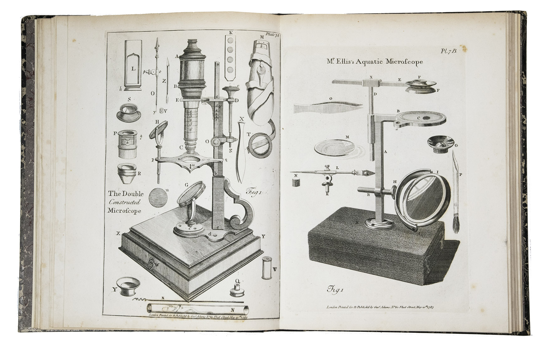 ADAMS, George (Frederick KANMACHER, ed.). - Essays on the microscope; containing a practical description of the most improved microscopes; a general history of insects, their transformations, peculiar habits and oeconomy: an account of the various species, and singular properties, ...The second edition, with considerable additions and improvements, ...London, Dillon and Keating for W. and S. Jones, 1798. 1 text volume and 1 plates volume. Large 4to. With an allegorical mezzotint frontispiece in sepia in the text volume and 32 numbered double-page plates (numbered I-XXXII) mounted on guards, printed from 36 copper plates (plates 2, 7, 23 and 24 each from 2 copper plates distinguished as A and B) with hundreds of figures showing microscopes, associated equipment and microscopic views of insects, microbes, shells and tissue samples. Uniform 20th-century dark blue morocco.