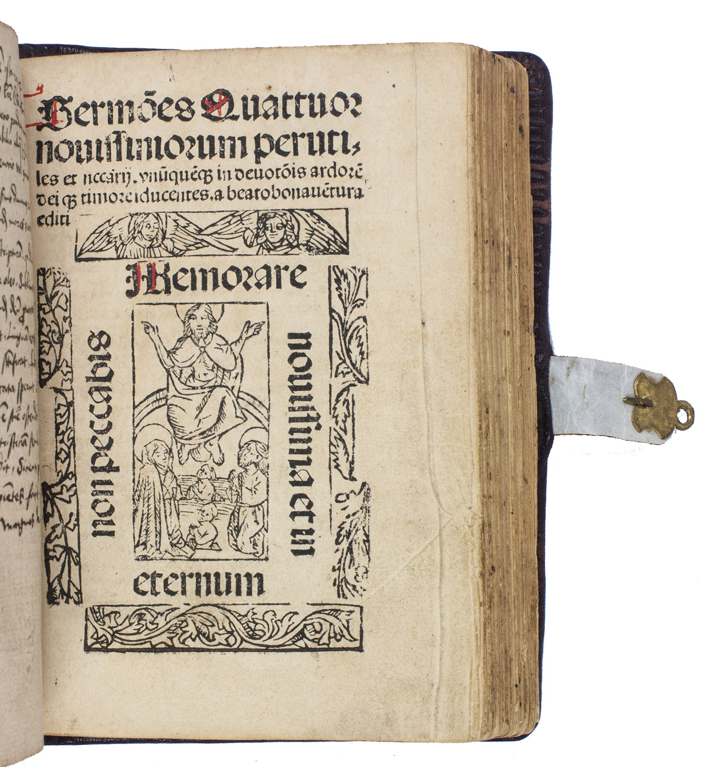 AUGUSTINUS DE LEONISSA. - Sermones pulcherrimi sup[er] d[omi]nica[m] or[ati]o[n]em Pater noster & angelicam salutat[i]o[n]em Ave Maria. Unicuiq[ue] ad populu[m] vole[n]ti declamat[i]o[n]es facere acco[m]modati. editi p[er] venera[n]du[m] patre[m] Augustinu[m] de Leonissa ...(Colophon: Cologne, heirs of Heinrich Quentel, 1505). With 3 decorated woodcut initials, many 3-line and 2 larger Lombardic initials. With the first decorated initial hand coloured, and rubricated throughout.With: (2) BONAVENTURA, Saint (pseudo). Sermo[n]es Quattuor novissimorum perutiles et n[e]cc[ess]arii. unu[m]que[m]que in devot[i]o[n]is ardorem dei quam timore[m] i[n]ducentes. a Beato Bonaventura editi.(Colophon : Cologne), [Cornelis de Zierikzee, ca. 1502]. With a small woodcut of Christ at the Last Judgement on the title-page framed by 4 decorative woodcut strip borders, a full-page woodcut of King David meeting Christ at the Last Judgement (repeated at the end), a few 3-line Lombardic initials and spaces left for a few larger manuscript initials (not filled in). 2 works in 1 volume. Small 8vo (14.5 x 10.5 cm). Modern blind-tooled brown goatskin morocco.
