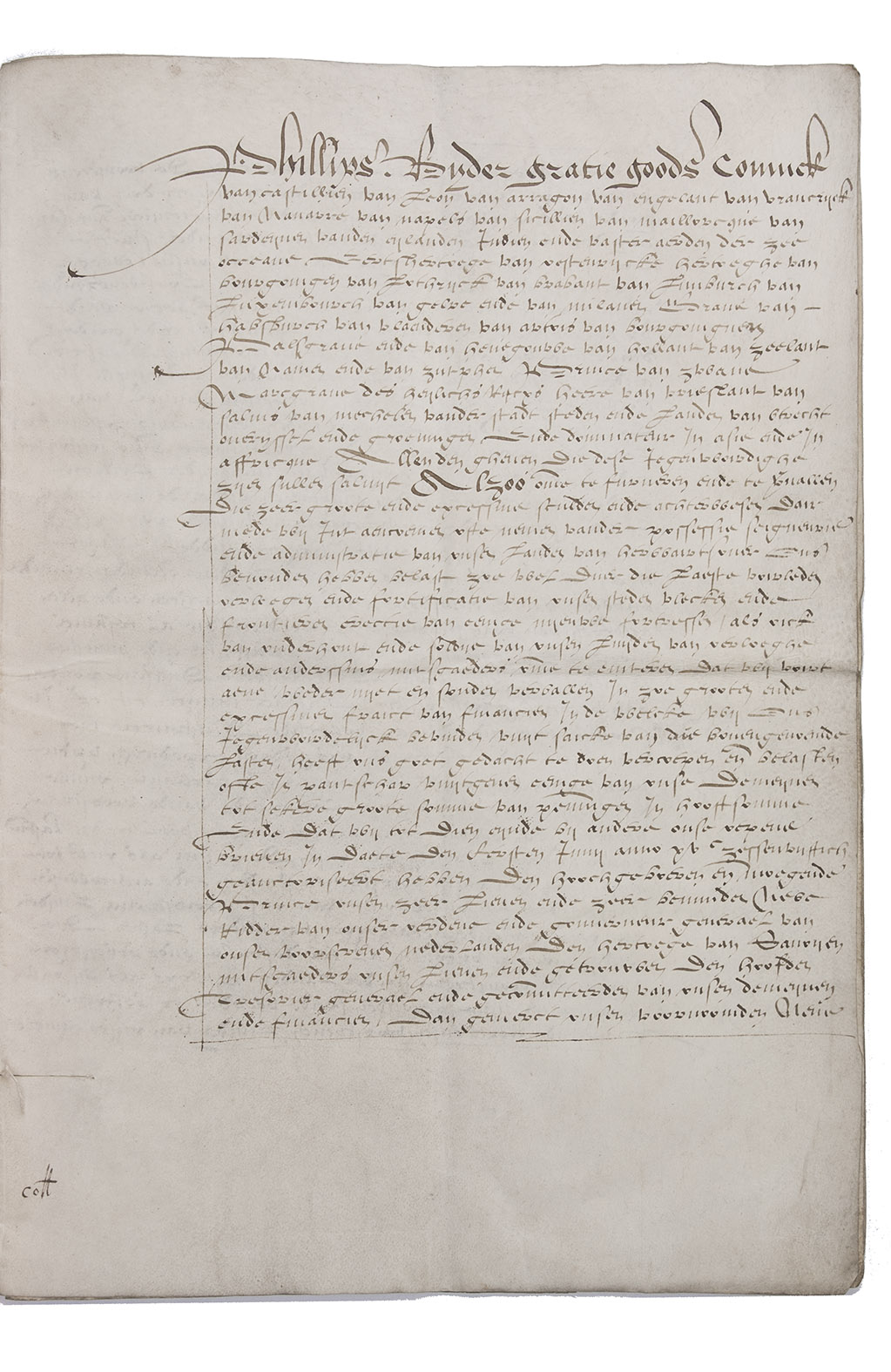 [MANUSCRIPT]. PHILIP (FELIPE) II, King of Spain. - [Mortgage agreement, granting Jan Hanneman, Steward General of North Holland, the rights to the tithes of the King's lands of Voorburg and Voorschoten].The Hague and Brussels, 1557 (with additions to 1565). Folio (36 x 25.5 cm). Manuscript mortgage agreement, signed by King Philip's representatives, written in brown ink on parchment in a nearly upright cursive gothic hand. With a typescript transcription of the main text and an interlinear translation in Spanish.