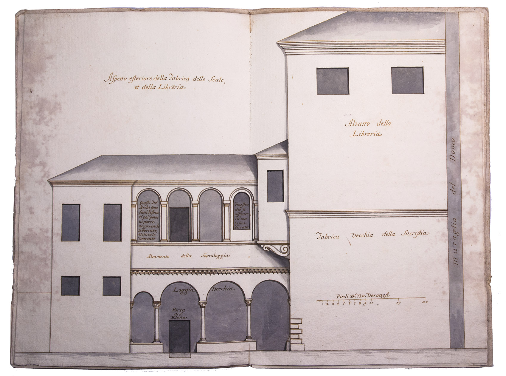 [ARCHITECTURE - DRAWINGS]. - Dissegno per la fabrica della Libreria Canonicale. [Verona, ca. 1720/25]. Folio (38.5 x 25.5 cm). With 4 architectural drawings, 3 double-page (ca. 37 x 50 cm at a scale of about 1:60) and 1 loosely inserted full-page (24 x 35 cm at a scale of about 1:107), skillfully drawn in brown ink and several shades of grey watercolour. Two of the double-page drawings are elevations (1 partly in cross-section), the other 2 drawings are floor plans, each plan with a folding flap tipped on showing the plan of a higher level. Contemporary stiff paper wrappers.