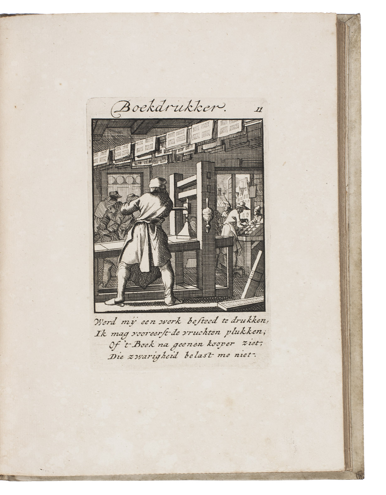 LUYKEN, Jan & Caspar and Anthony JANSSEN van ter GOES. - Afbeelding der menschelyke bezigheden, bestaande in hondert onderscheiden printverbeeldingen. Amsterdam, Reinier & Josua Ottens, [ca. 1726/50]. 4to. With richly engraved emblematic frontispiece, engraved publisher's device on title-page, and 100 numbered engraved plates (plate size ca. 12 x 8 cm) of trades and professions, engraved after the designs by Jan and Caspar Luyken. Contemporary blind-tooled vellum, gilt and gauffered edges.