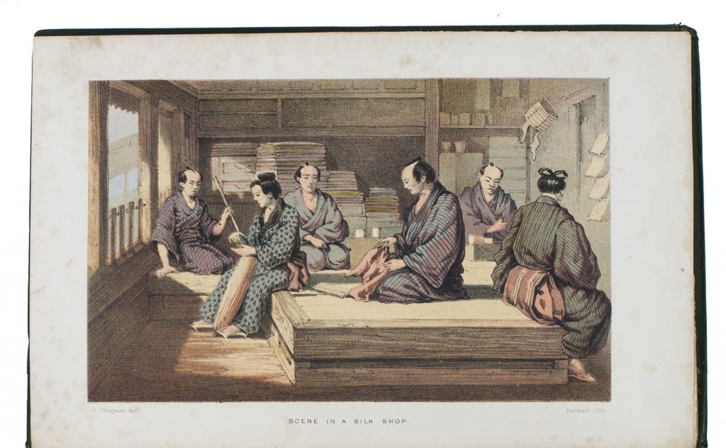 ALCOCK, Sir Rutherford. - The capital of the tycoon: a narrative of a three years' residence in Japan. London, Longman, Green, Longman, Roberts, & Green (colophons: printed by Spottiswoode & Co.), 1863 [reissued with publisher's advertisements dated April 1875]. 2 volumes. 8vo. With 2 chromolithographed frontispieces, 2 folding engraved maps (partly coloured), 14 tinted, double-tinted and chromolithographed plates (at least one highlighted with silver colour) drawn mostly by Charles Wirgman (1832-1891) and lithographed by Hanhart, 2 black & white wood-engraved plates (engraved by Pearson) and numerous wood-engraved illustrations in text (some signed by Pearson). Original publisher's gold- and blind-blocked green cloth.
