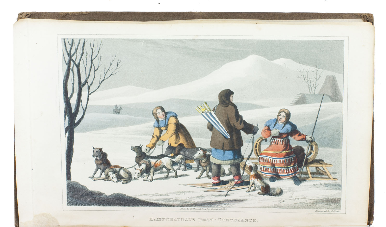 DOBELL, Peter. - Travels in Kamtchatka and Siberia; with a narrative of a residence in China.London, Henry Colburn and Richard Bentley (back of title-page: J.B. Nichols and son), 1830. 2 volumes. 12mo. With two hand-coloured aquatint frontispieces by J. Clarck. Contemporary boards.